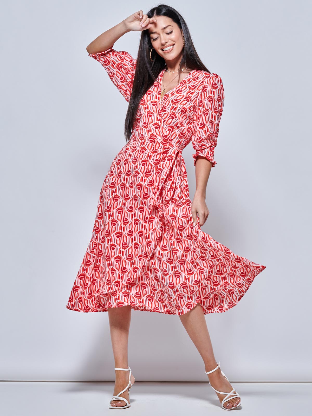 Ellie Crepe Wrap Puff Sleeve Midi Dress, Red Geo