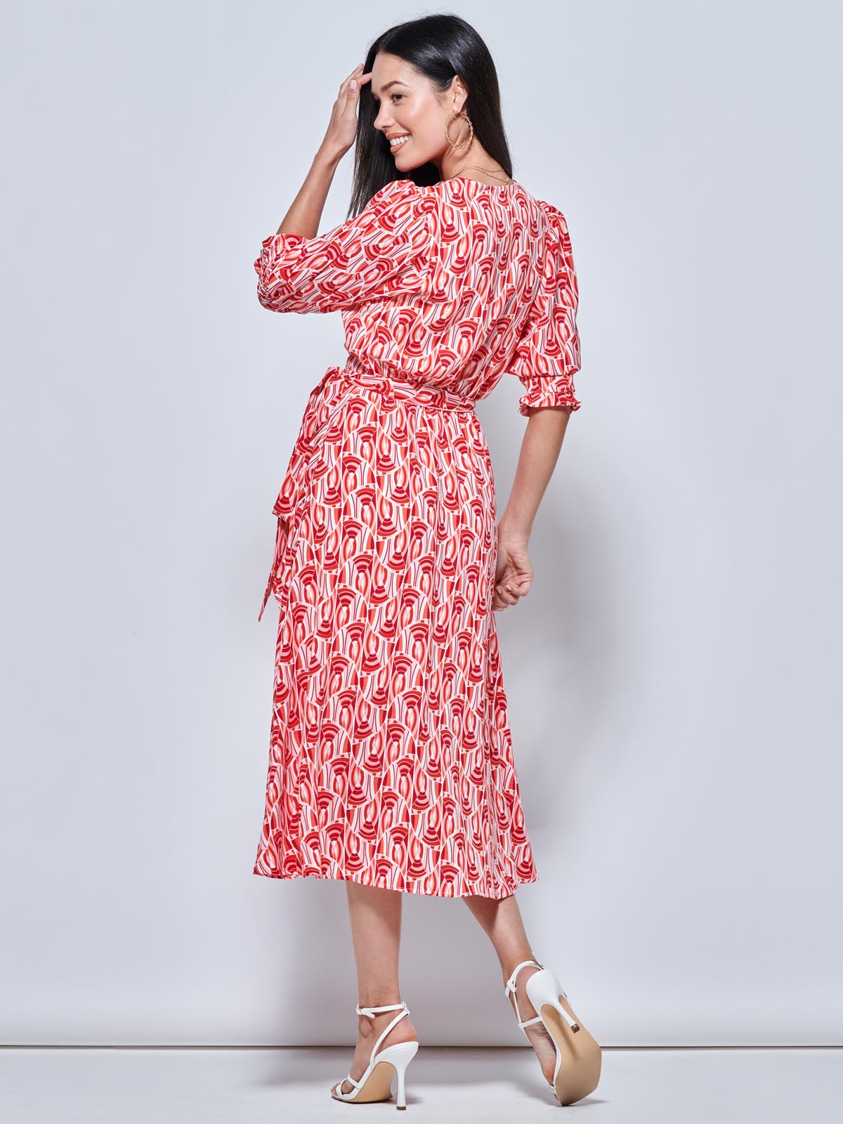 Ellie Crepe Wrap Puff Sleeve Midi Dress, Red Geo