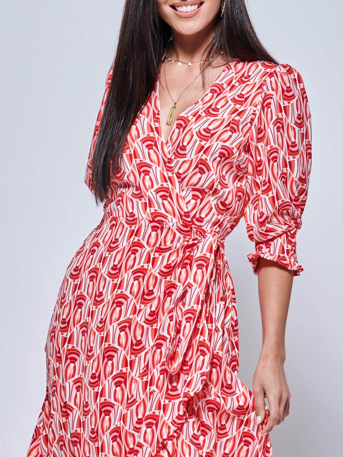 Ellie Crepe Wrap Puff Sleeve Midi Dress, Red Geo