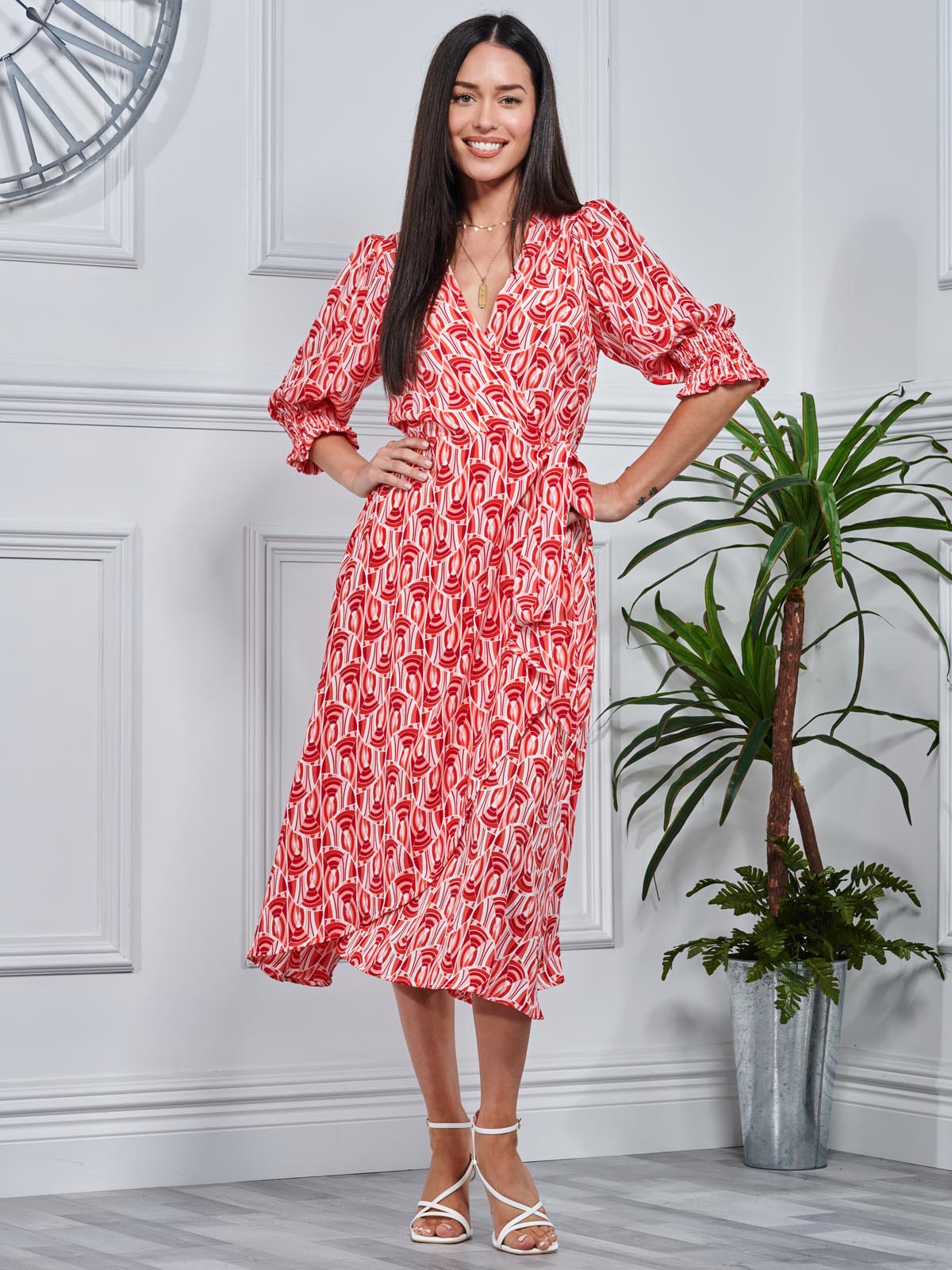 Ellie Crepe Wrap Puff Sleeve Midi Dress, Red Geo