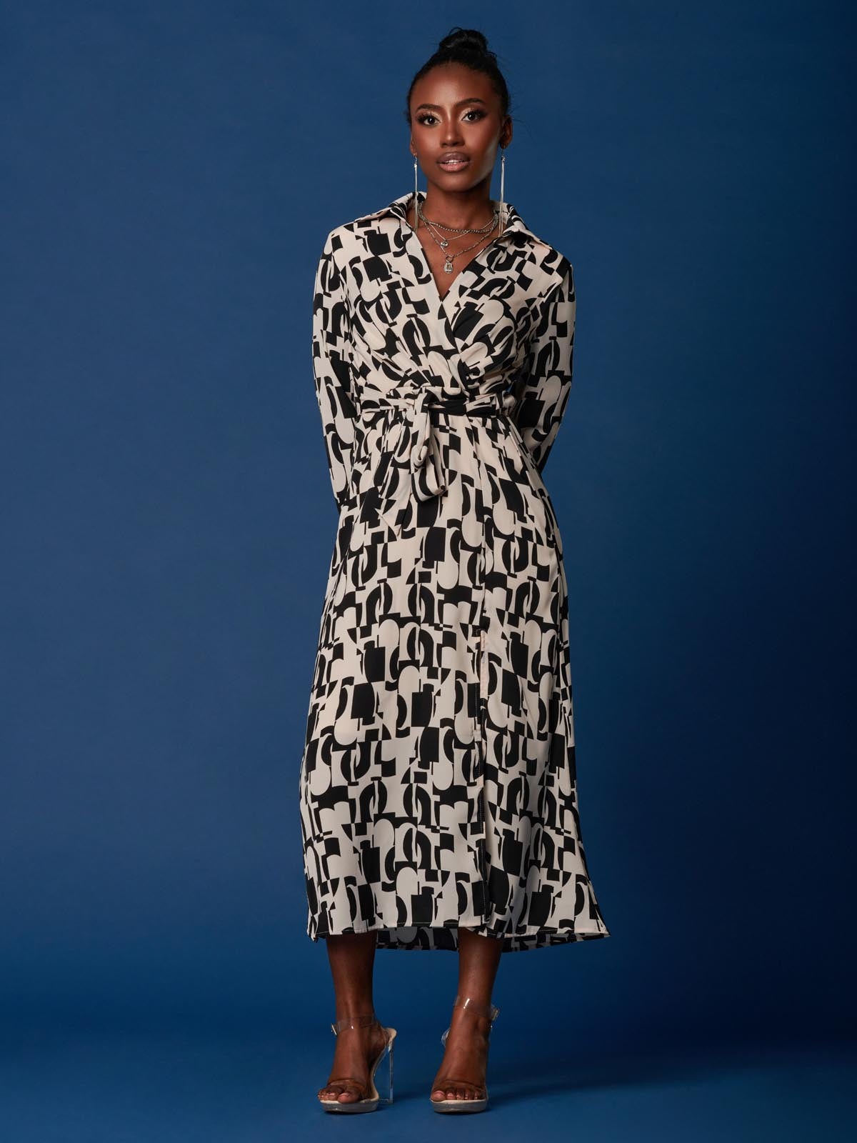 Wrap Detail Shirt Maxi Dress, Cream/Black