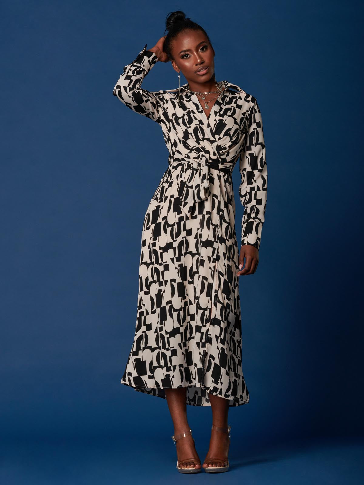 Wrap Detail Shirt Maxi Dress, Cream/Black