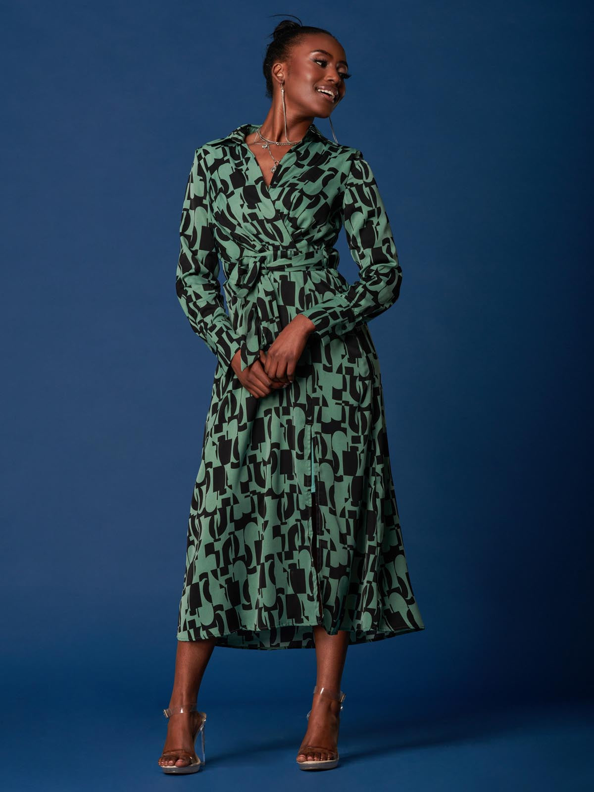 Wrap Detail Shirt Maxi Dress, Green Geo
