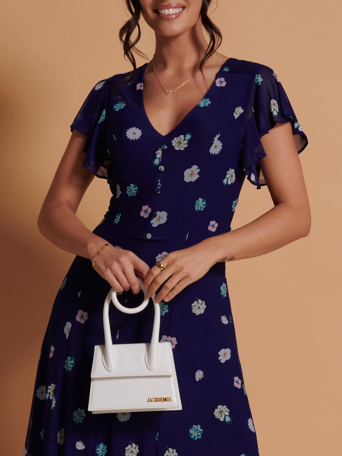Mirrored Print Mesh Fit & Flare Midi Dress, Blue Floral