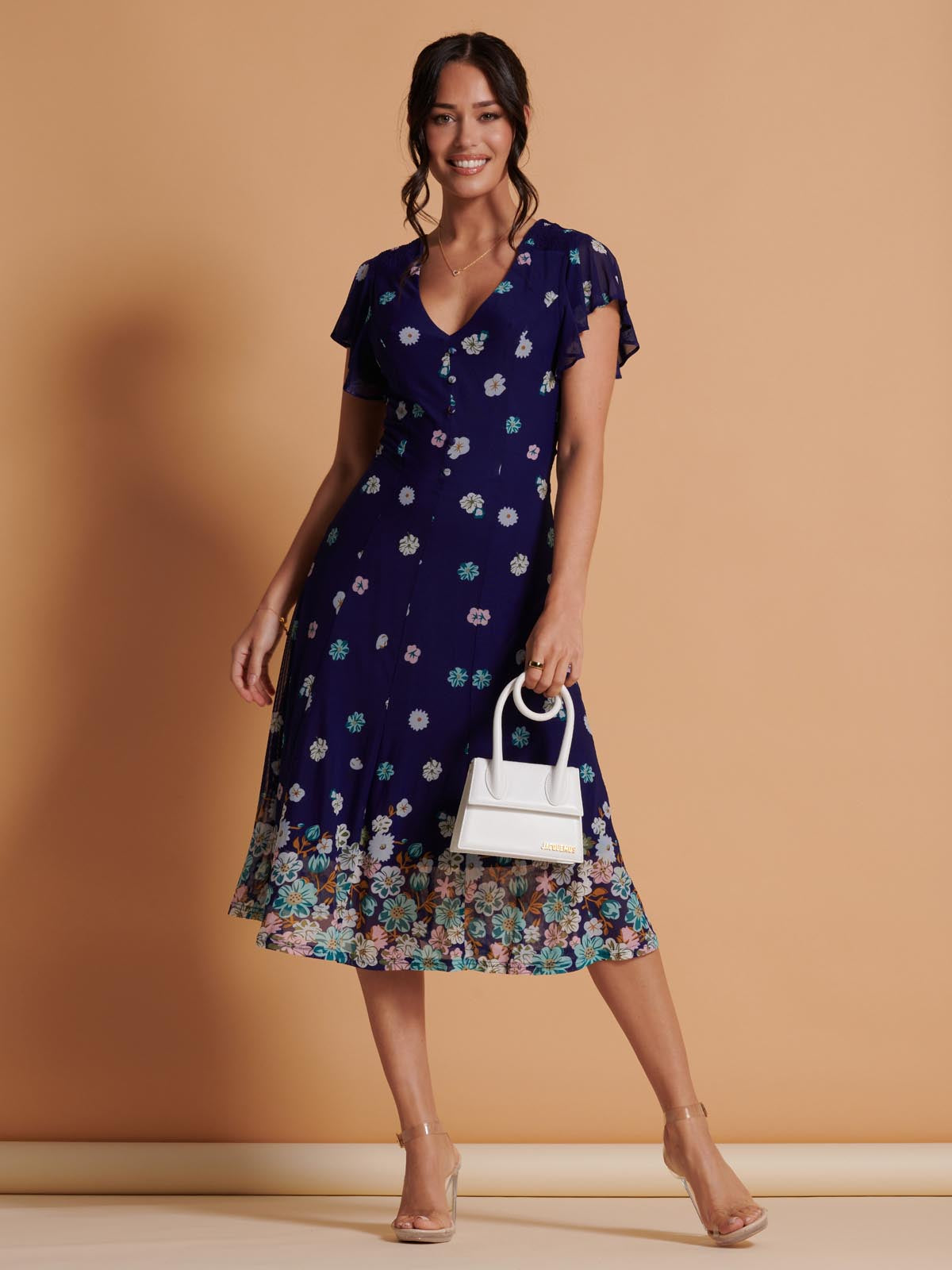 Mirrored Print Mesh Fit & Flare Midi Dress, Blue Floral