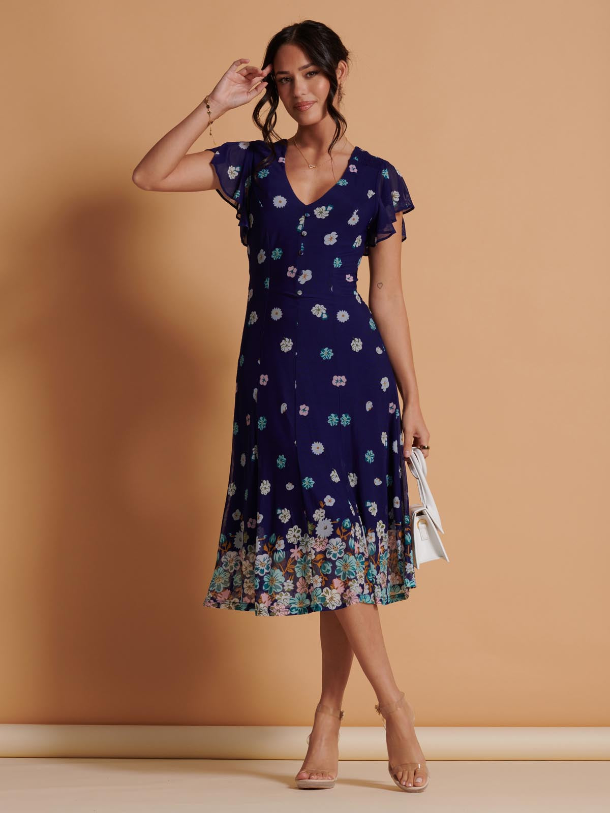 Mirrored Print Mesh Fit & Flare Midi Dress, Blue Floral