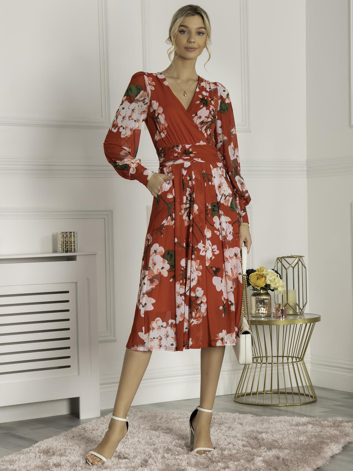 Eileen Long Sleeve Mesh Dress, Red Floral