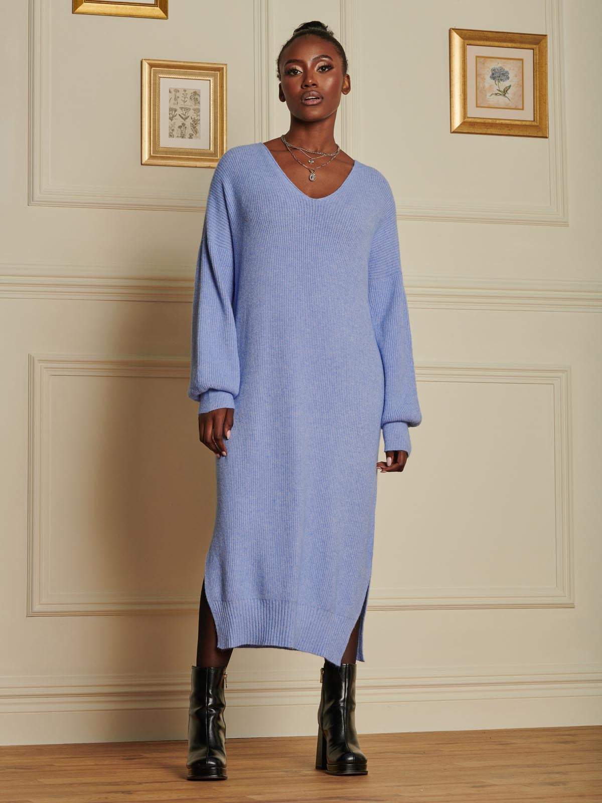 V Neck Knittted Jumper Maxi Dress, Grapemist