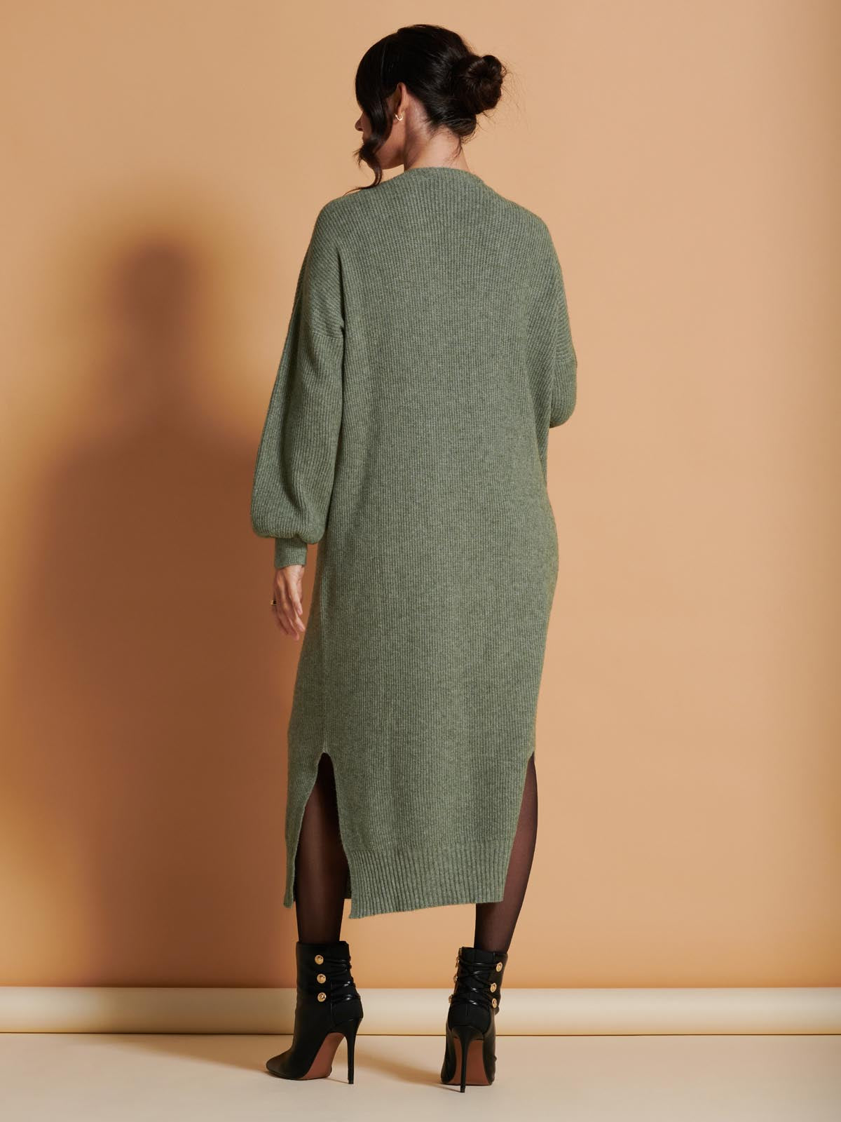 V Neck Knittted Jumper Maxi Dress, Khaki Green