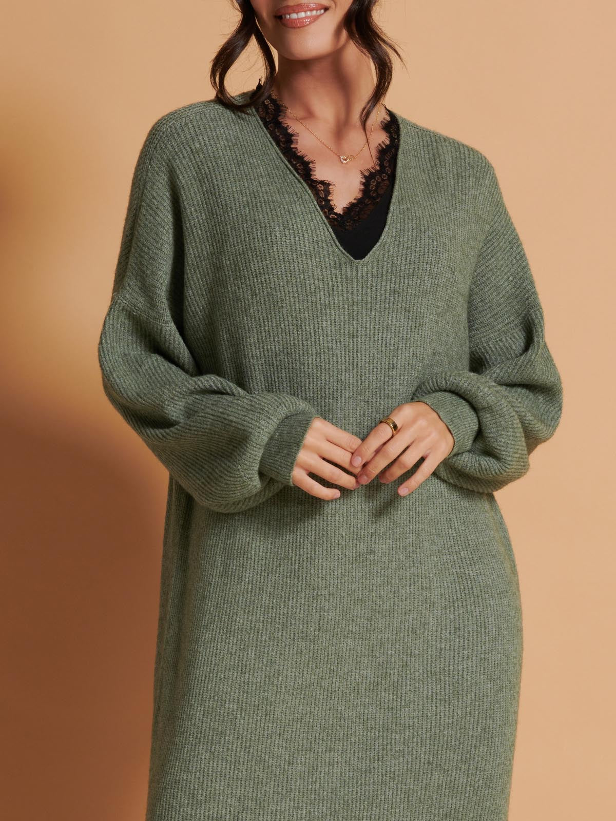 V Neck Knittted Jumper Maxi Dress, Khaki Green