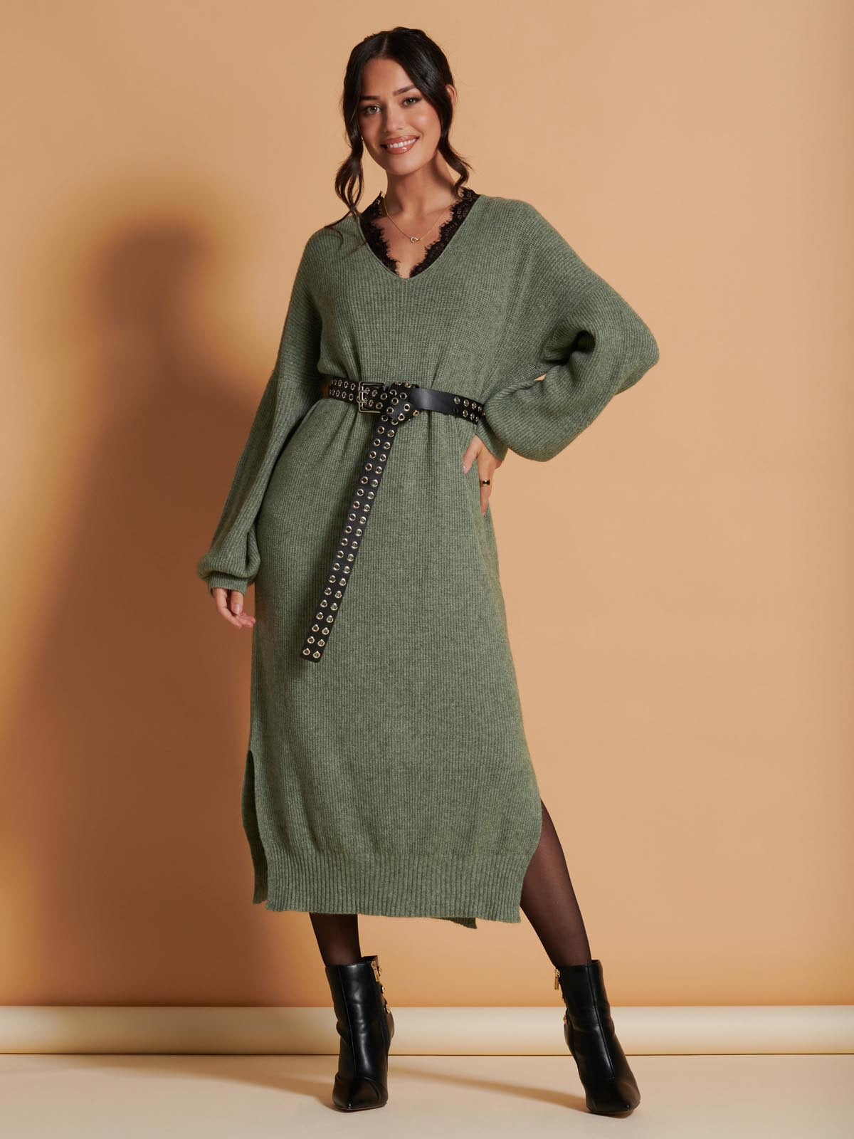 V Neck Knittted Jumper Maxi Dress, Khaki Green