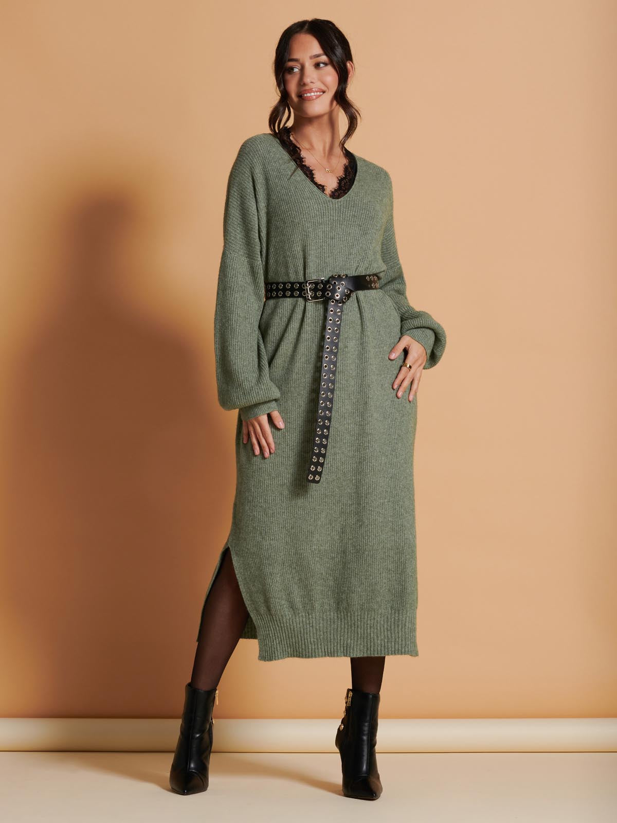 V Neck Knittted Jumper Maxi Dress, Khaki Green