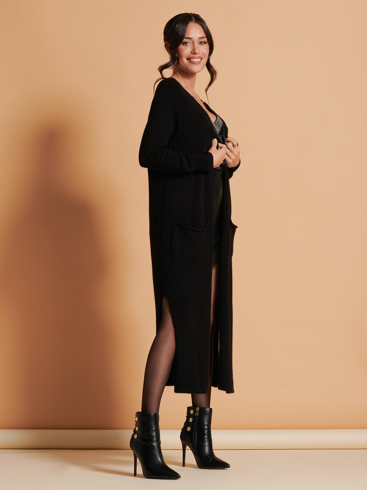 Made in Italy Soft Knit Longline Maxi Cardigan, Black