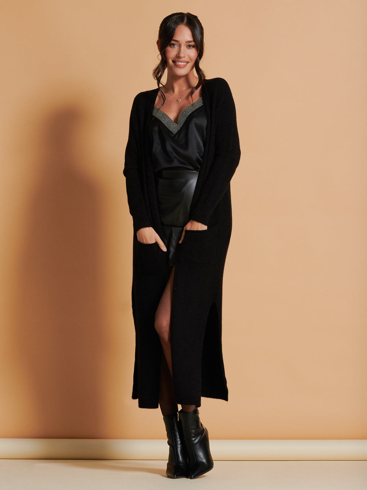 Made in Italy Soft Knit Longline Maxi Cardigan, Black