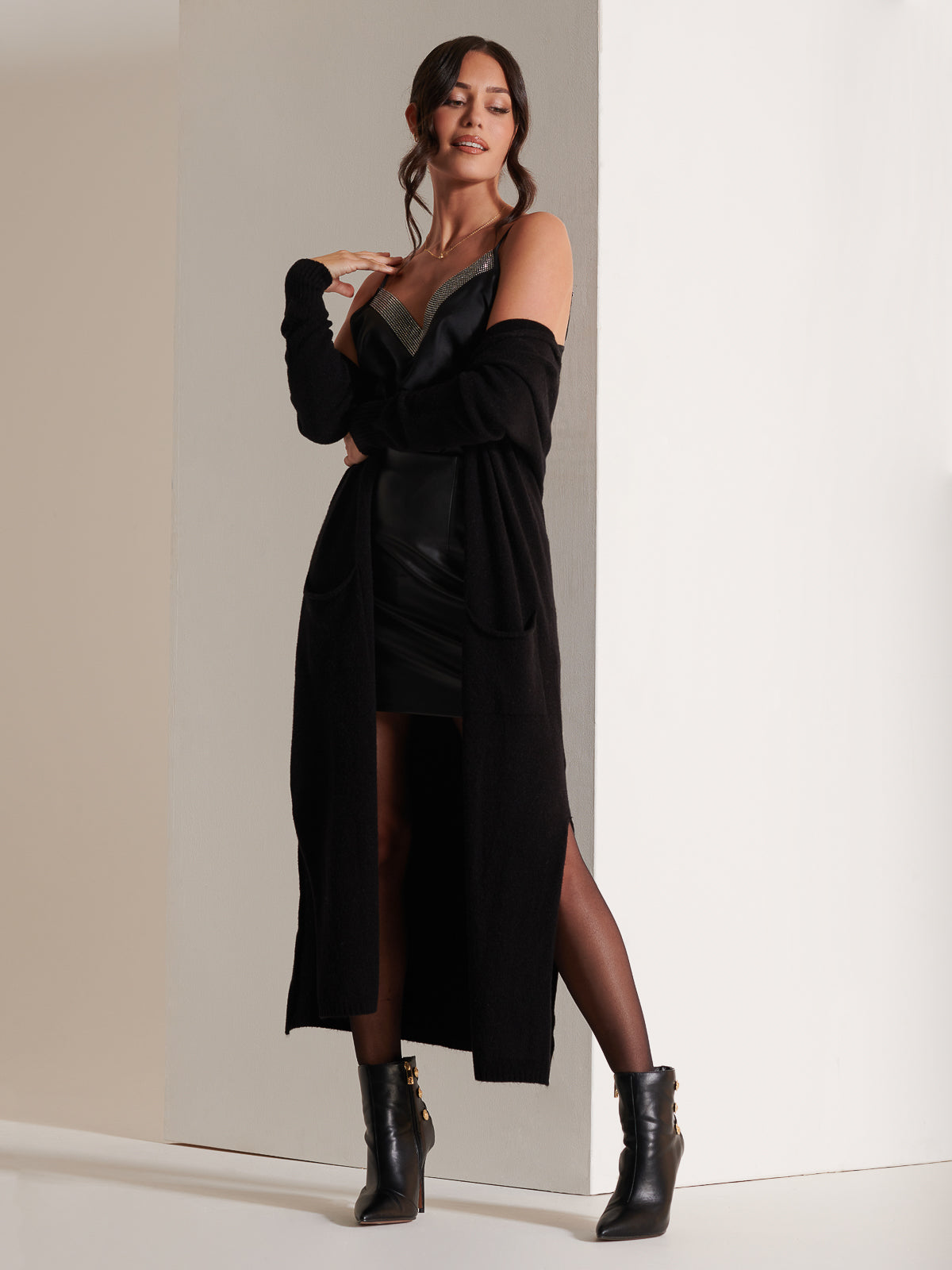 Made in Italy Soft Knit Longline Maxi Cardigan, Black