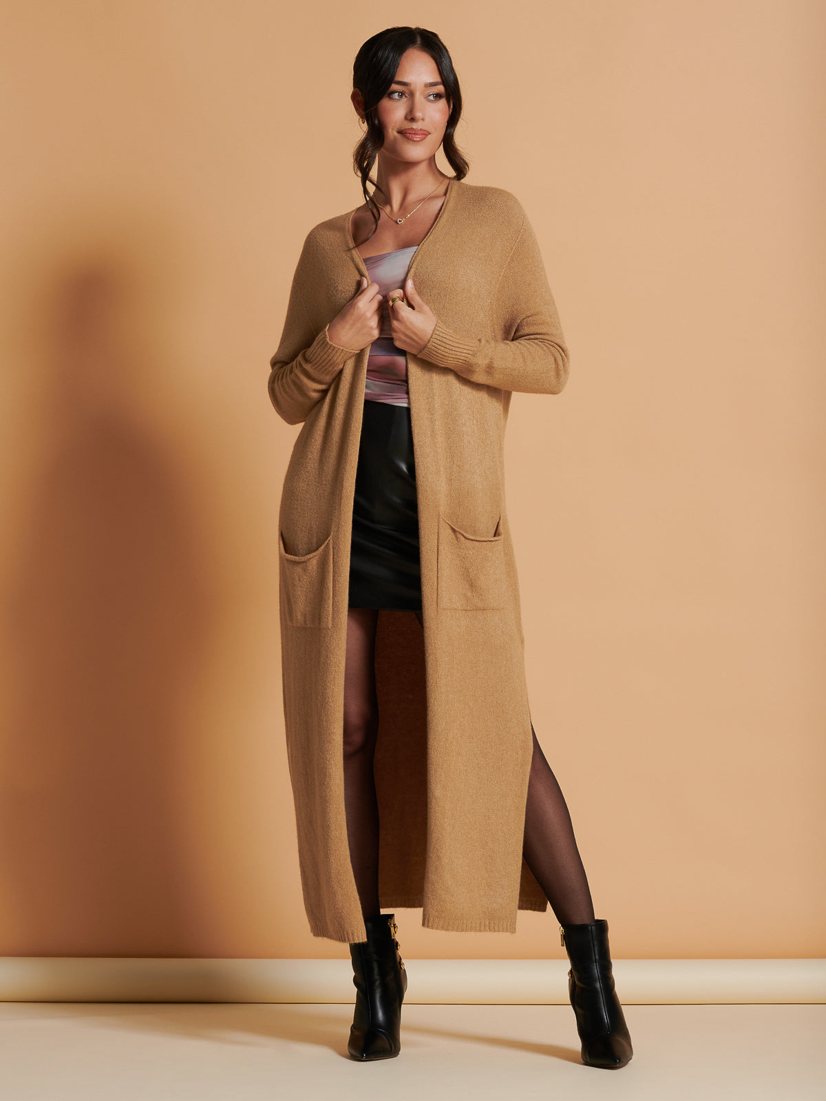 Made in Italy Soft Knit Longline Maxi Cardigan, Camel