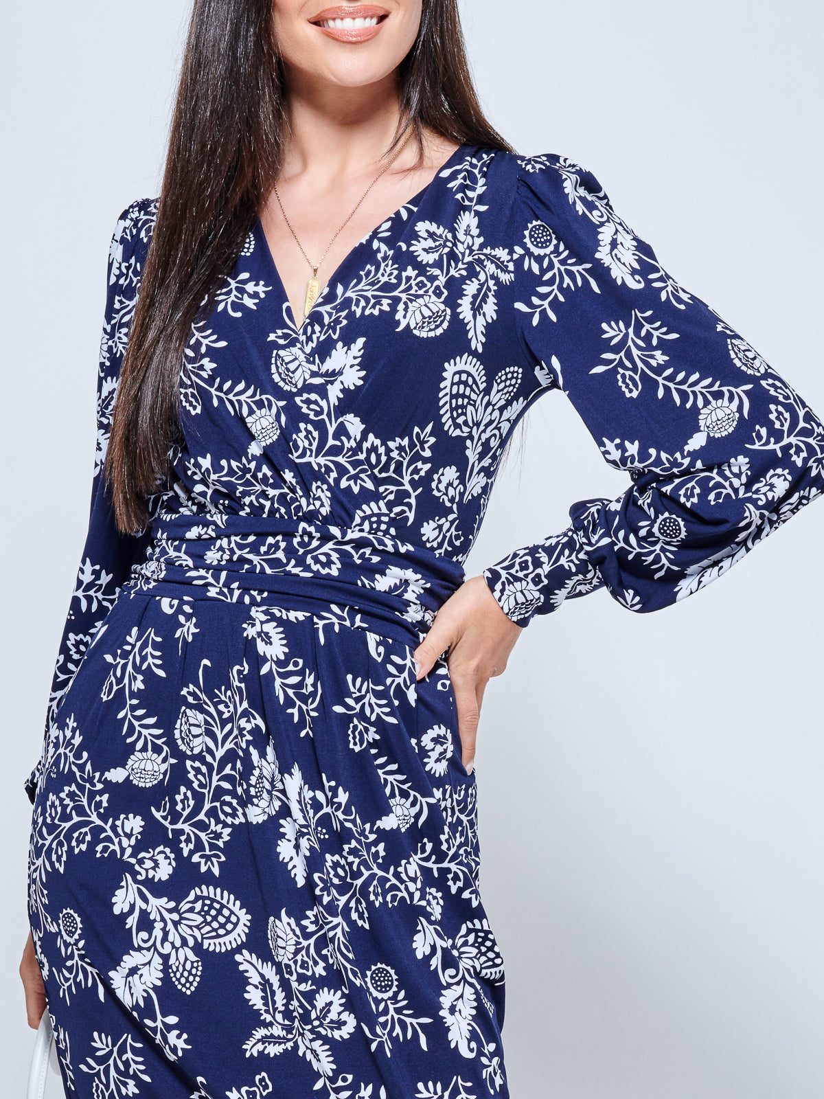 Long Sleeve Jersey Pegged Dress, Navy Floral