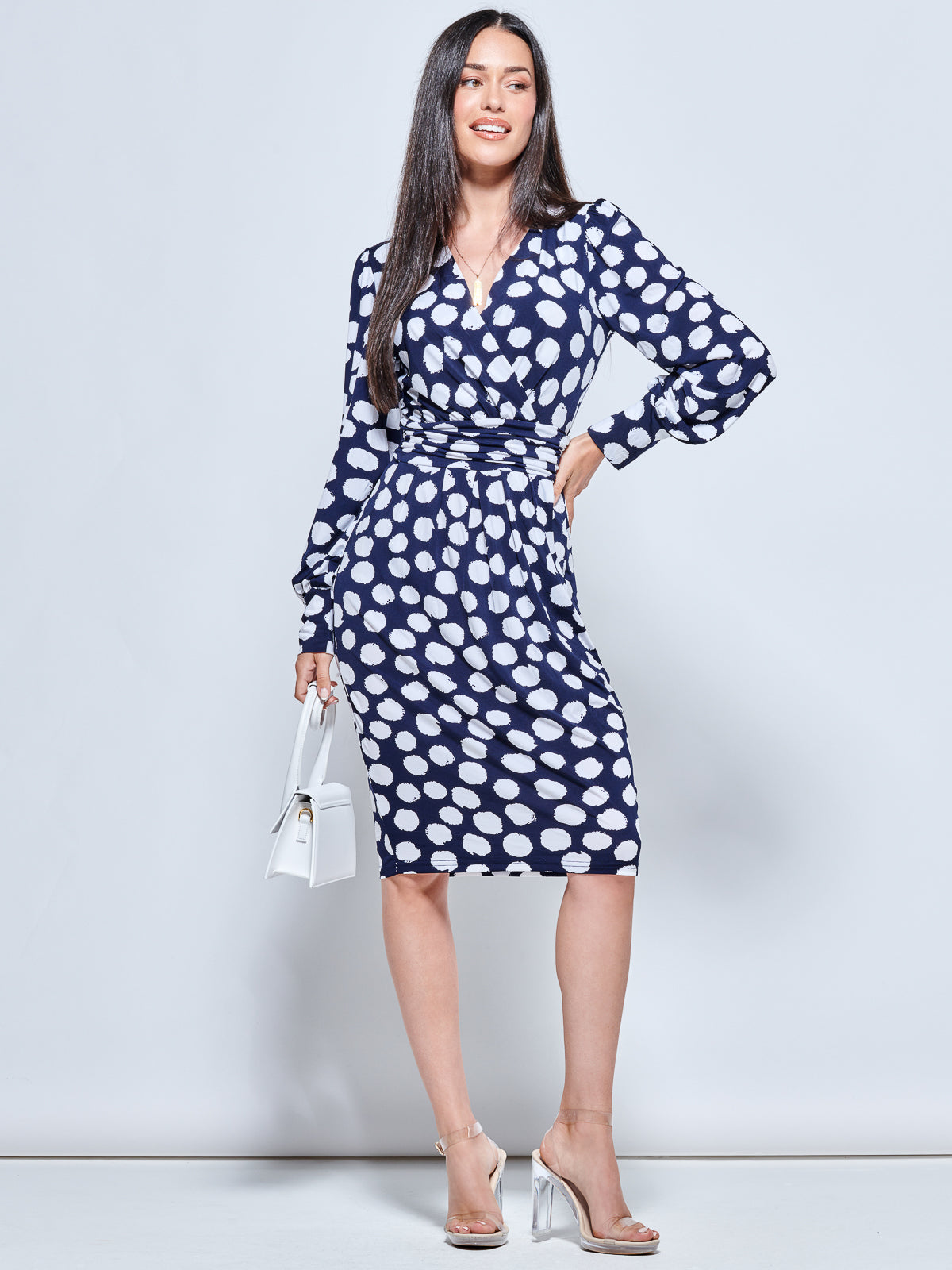 Long Sleeve Jersey Pegged Dress, Navy Spot