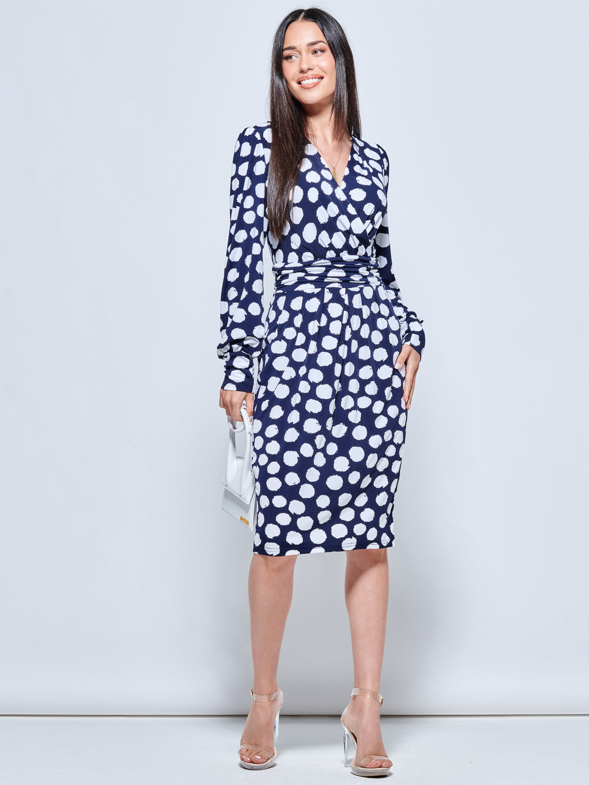 Long Sleeve Jersey Pegged Dress, Navy Spot