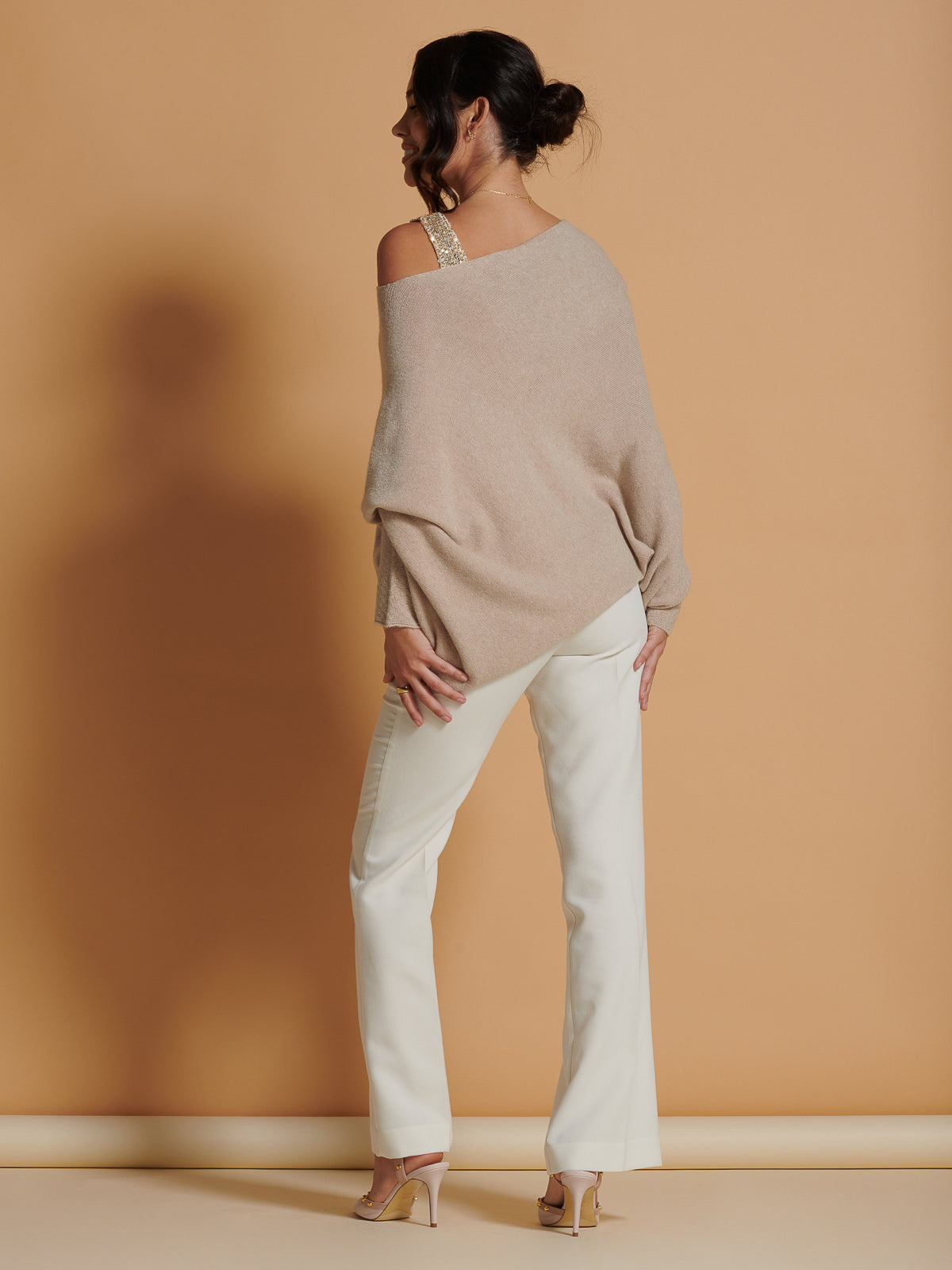 Made in Italy Asymmetric Draped Soft Knit Jumper, Beige