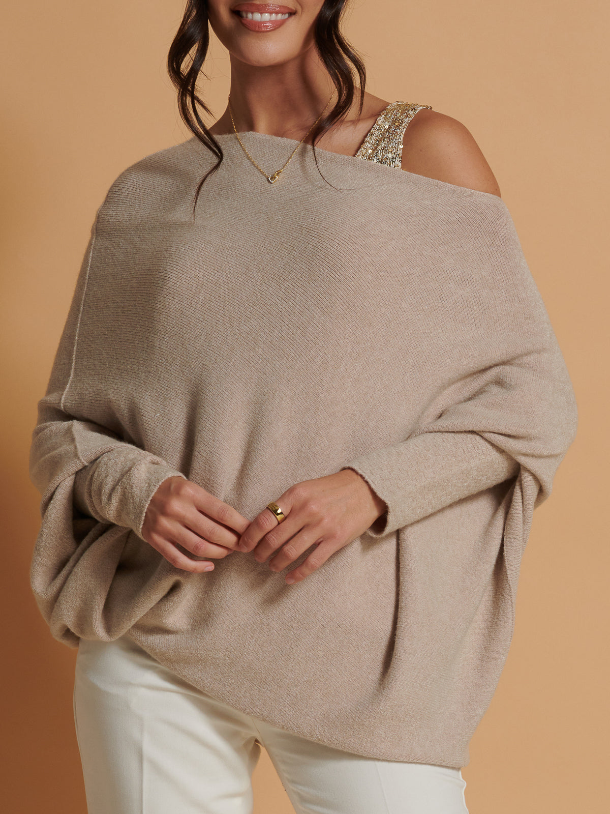 Made in Italy Asymmetric Draped Soft Knit Jumper, Beige