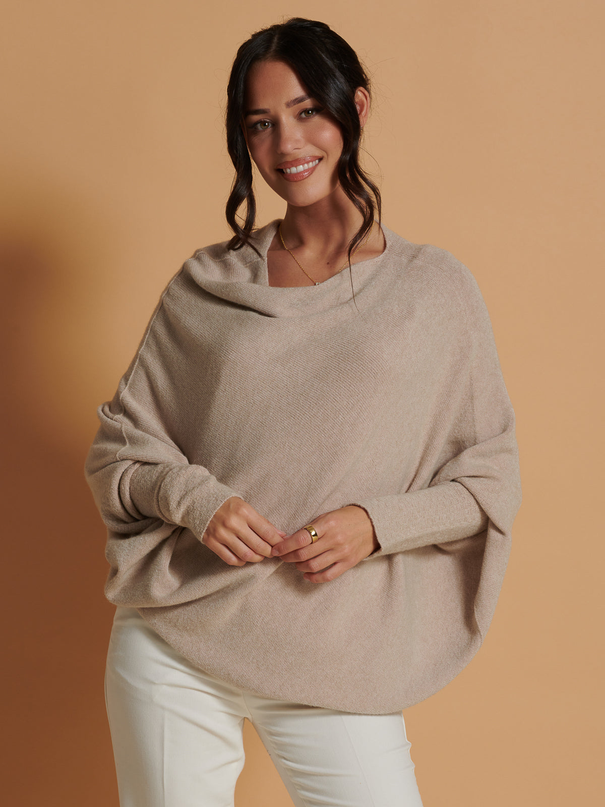 Made in Italy Asymmetric Draped Soft Knit Jumper, Beige