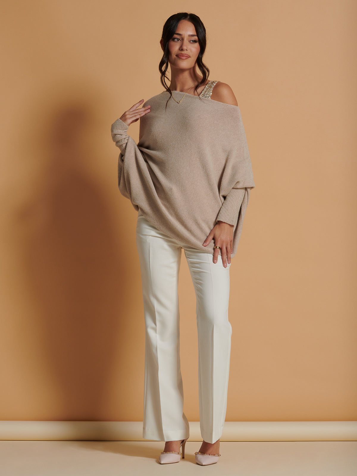 Made in Italy Asymmetric Draped Soft Knit Jumper, Beige