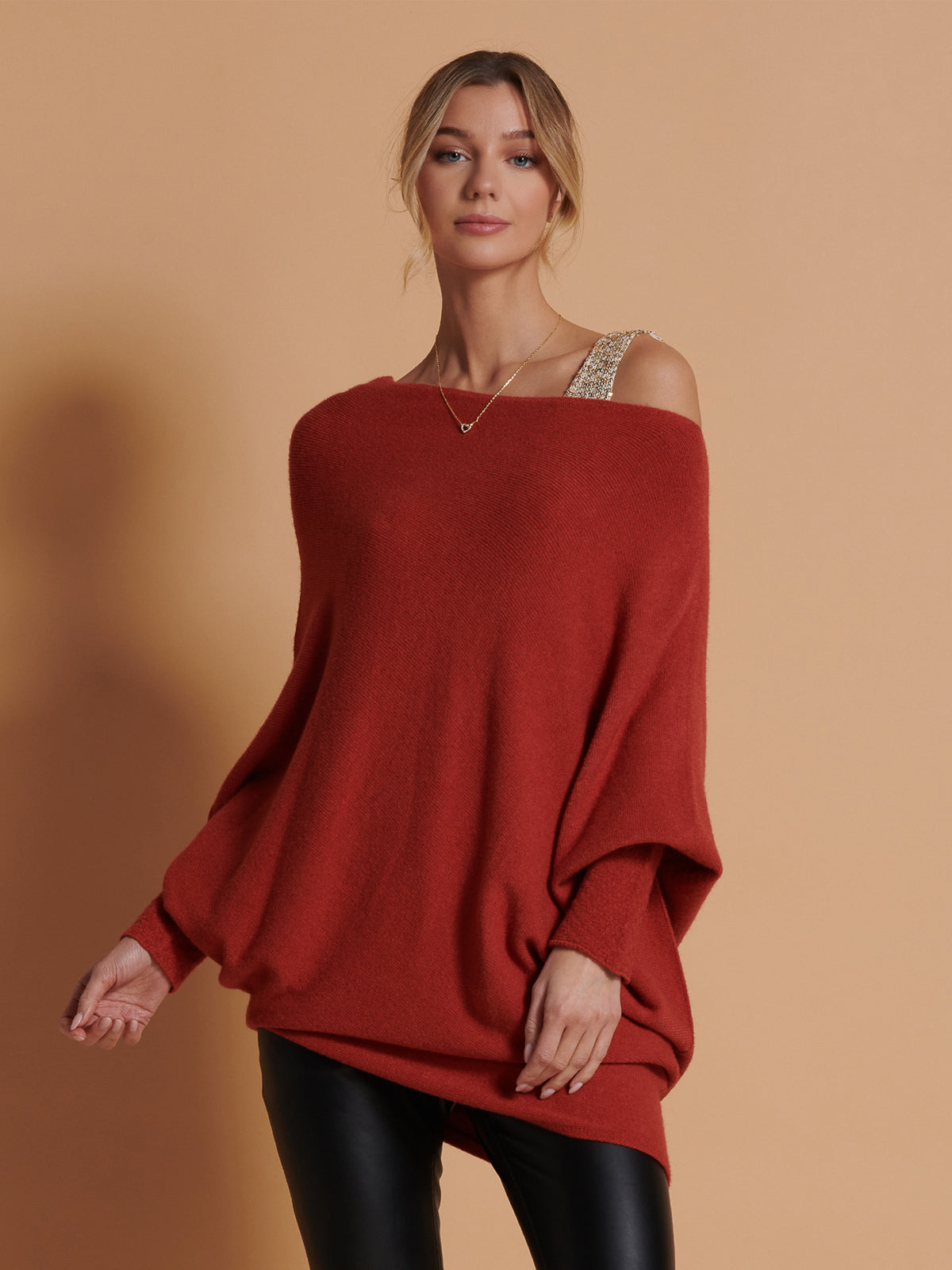 Made in Italy Asymmetric Draped Soft Knit Jumper, Brick Red