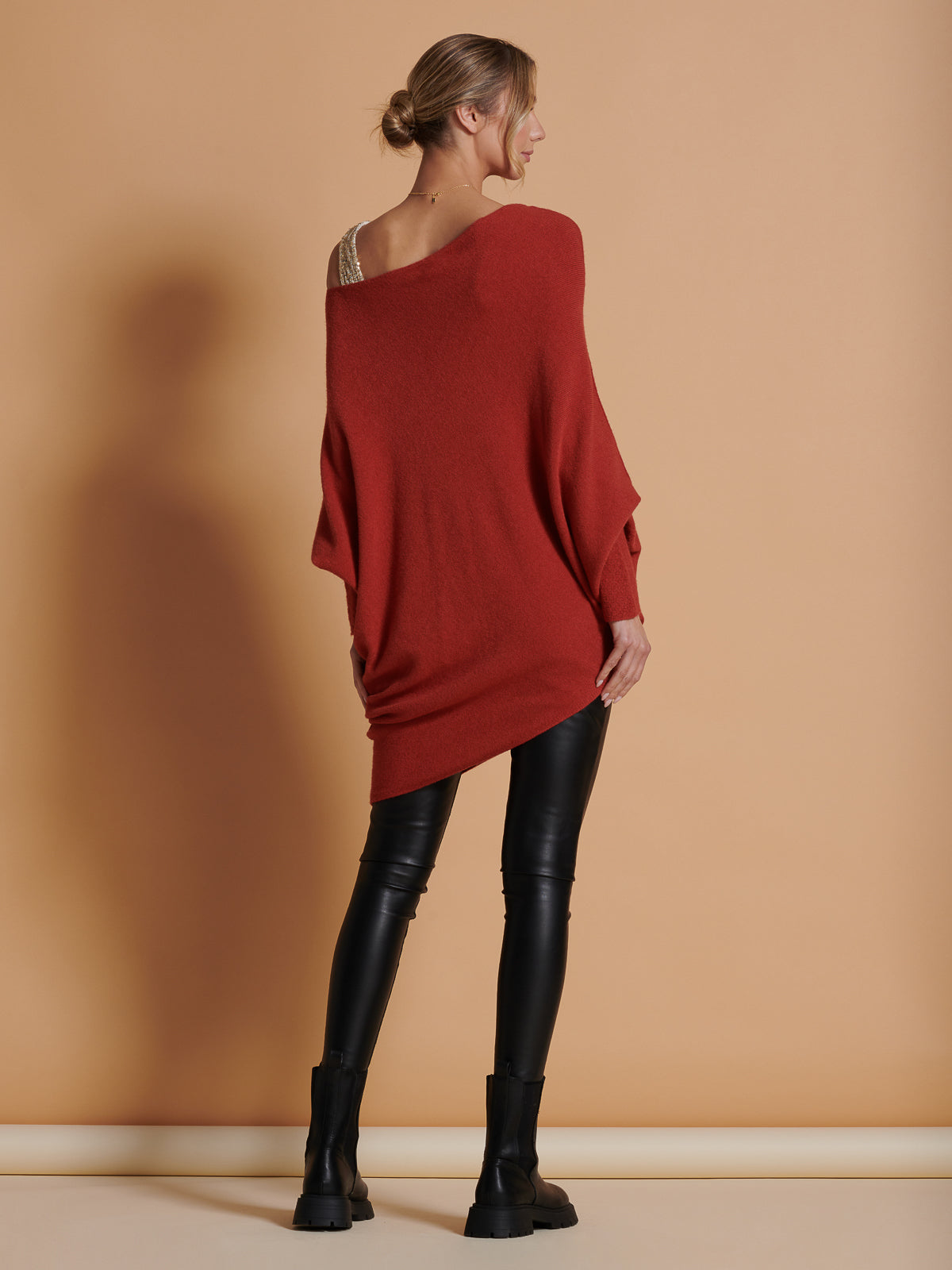 Made in Italy Asymmetric Draped Soft Knit Jumper, Brick Red