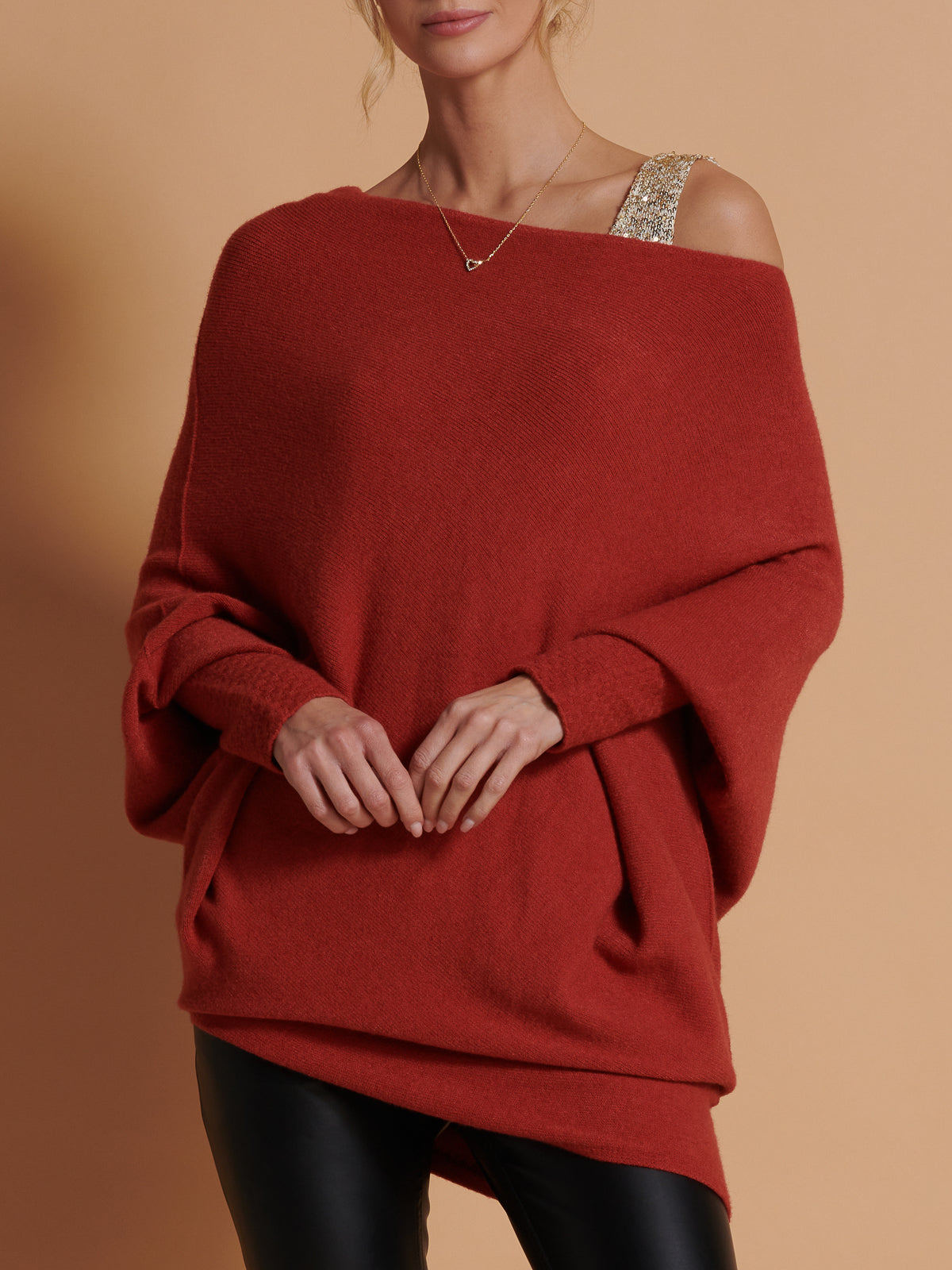 Made in Italy Asymmetric Draped Soft Knit Jumper, Brick Red