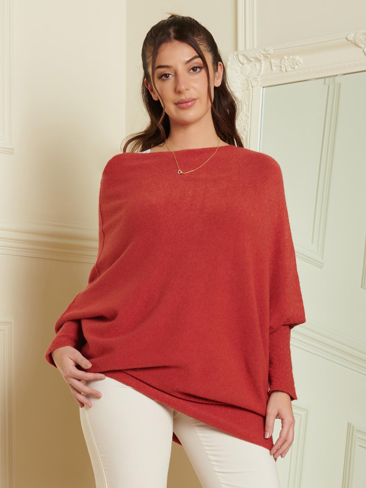 Made in Italy Asymmetric Draped Soft Knit Jumper, Brick Red