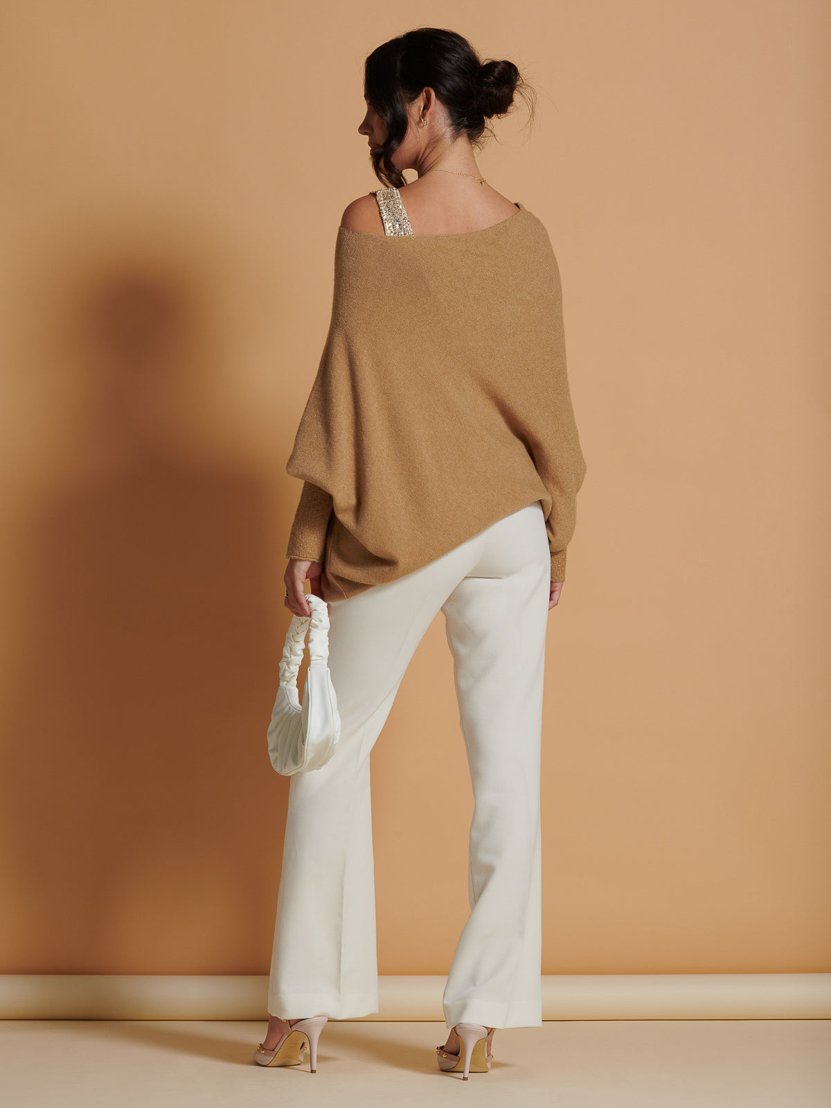 Made in Italy Asymmetric Draped Soft Knit Jumper, Camel