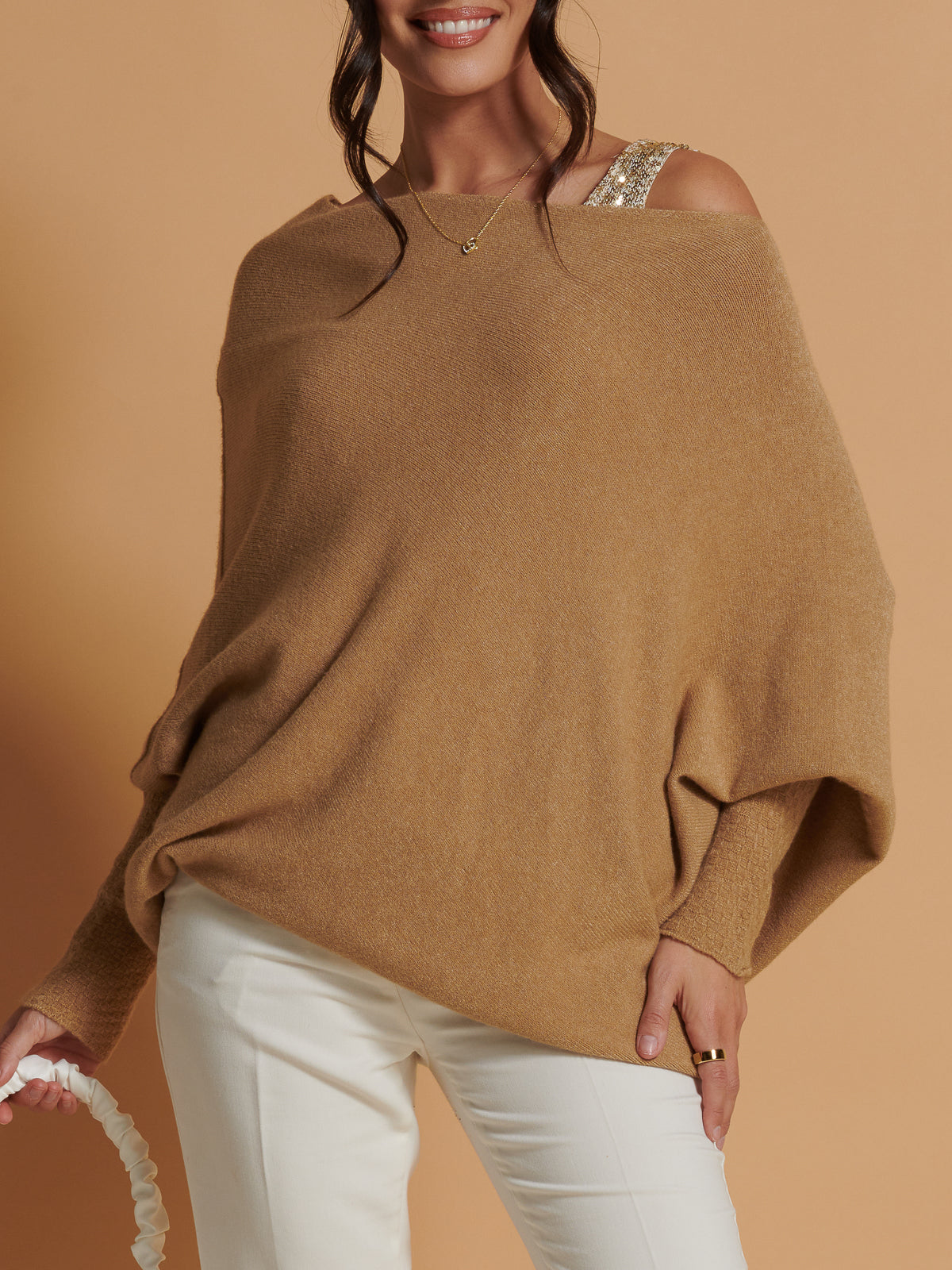 Made in Italy Asymmetric Draped Soft Knit Jumper, Camel