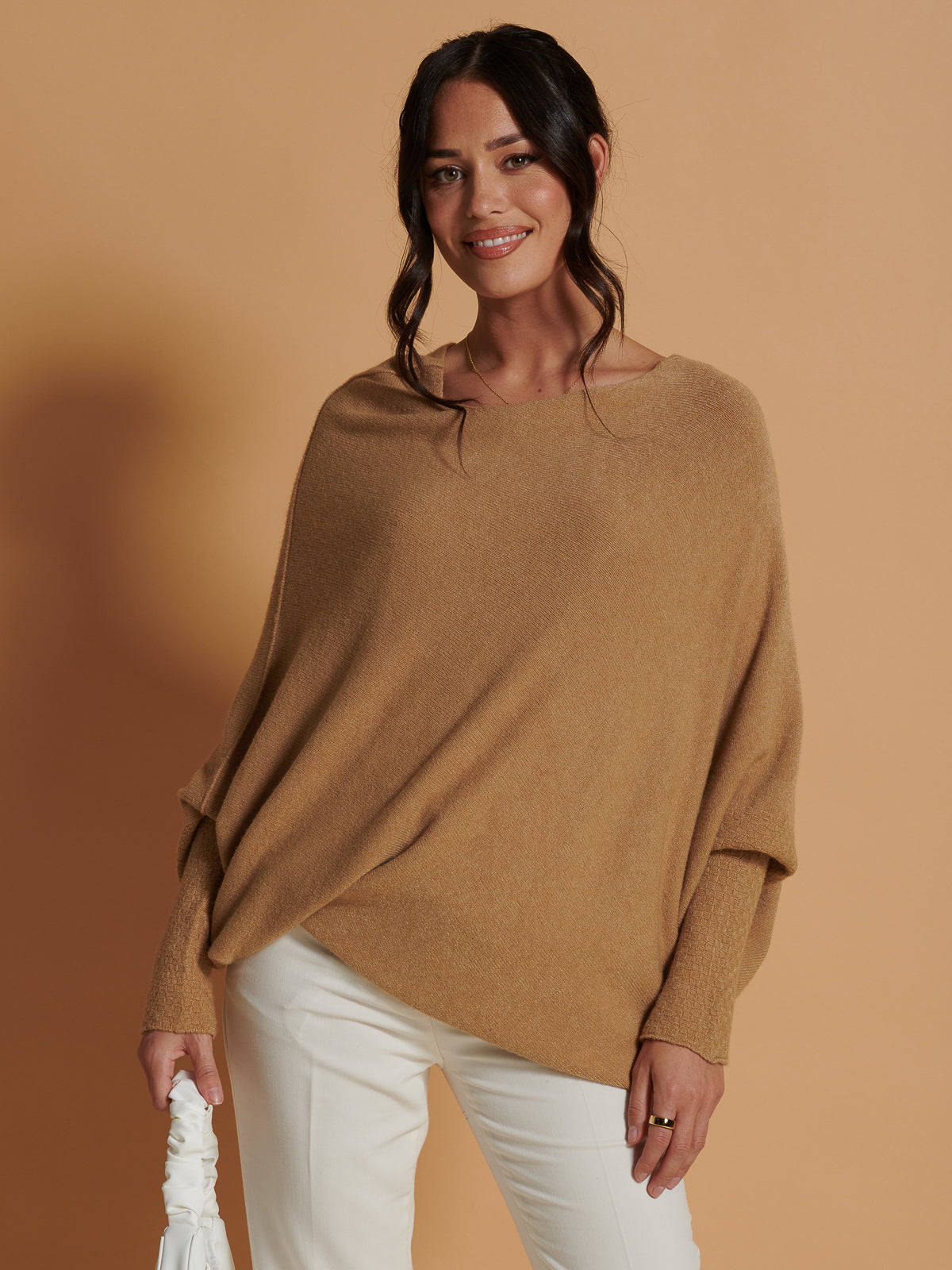 Made in Italy Asymmetric Draped Soft Knit Jumper, Camel