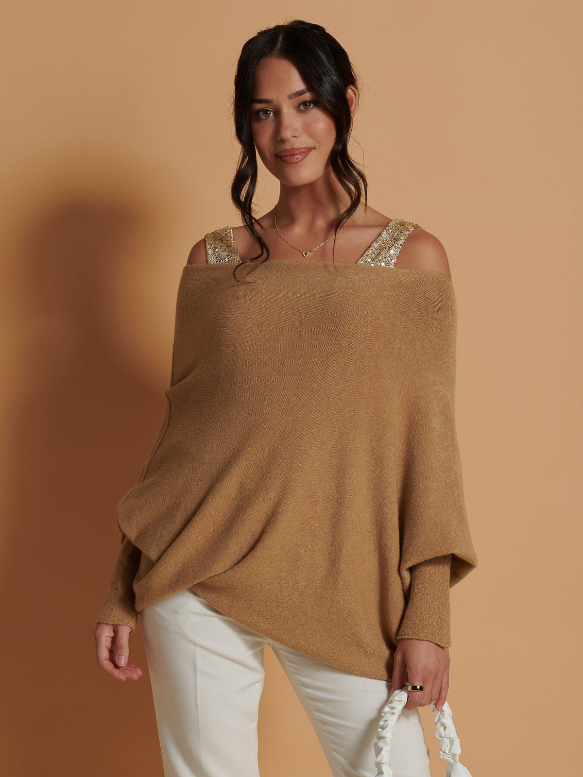 Made in Italy Asymmetric Draped Soft Knit Jumper, Camel