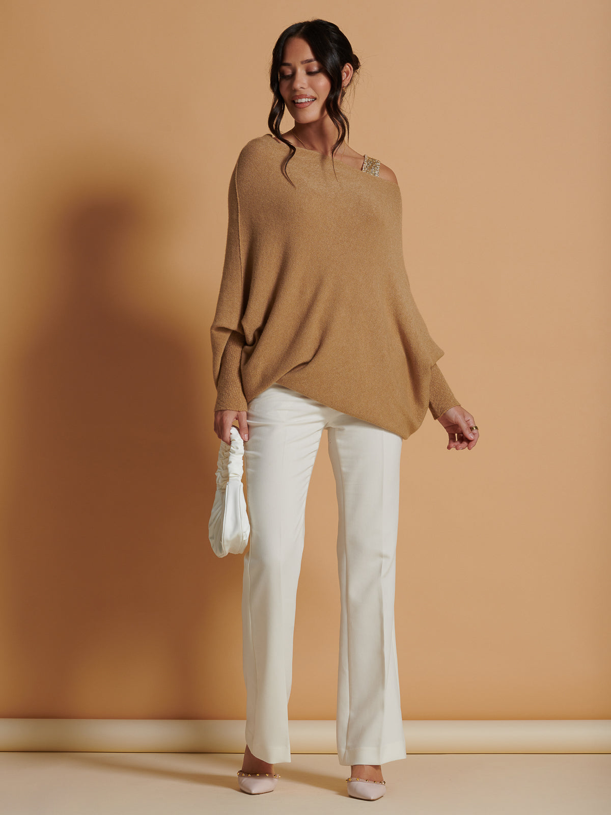 Made in Italy Asymmetric Draped Soft Knit Jumper, Camel