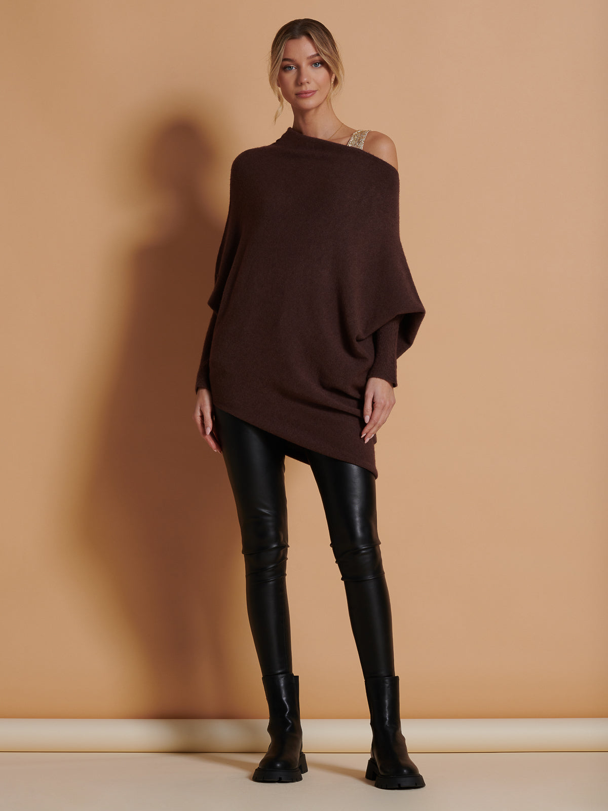 Made in Italy Asymmetric Draped Soft Knit Jumper, Chocolate