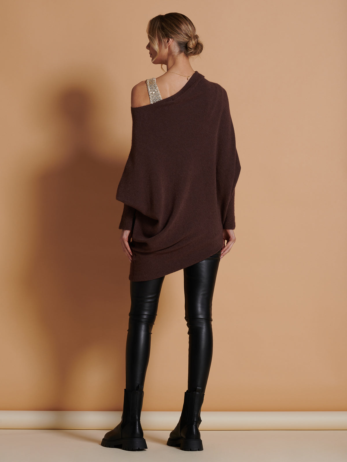 Made in Italy Asymmetric Draped Soft Knit Jumper, Chocolate