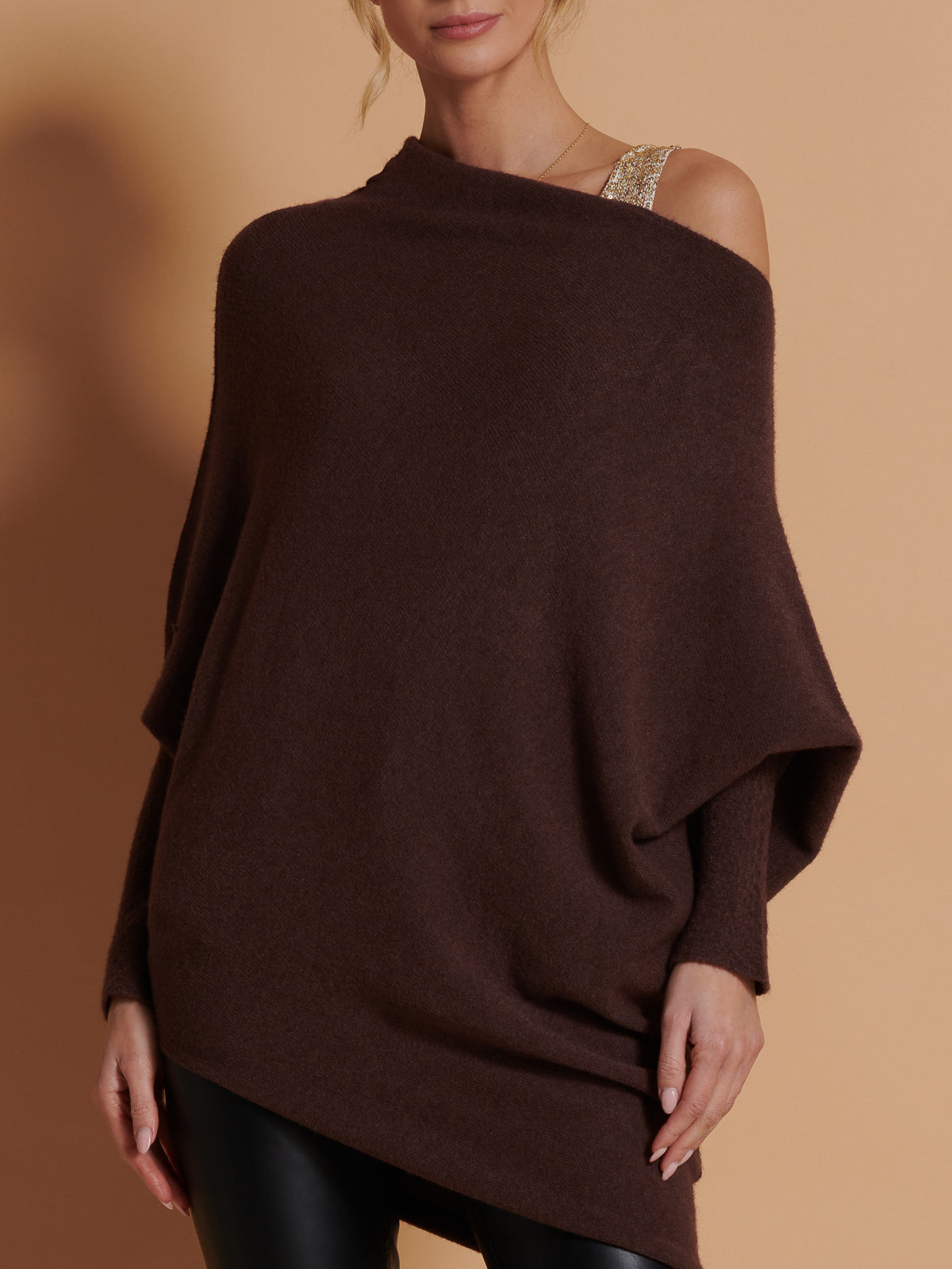 Made in Italy Asymmetric Draped Soft Knit Jumper, Chocolate