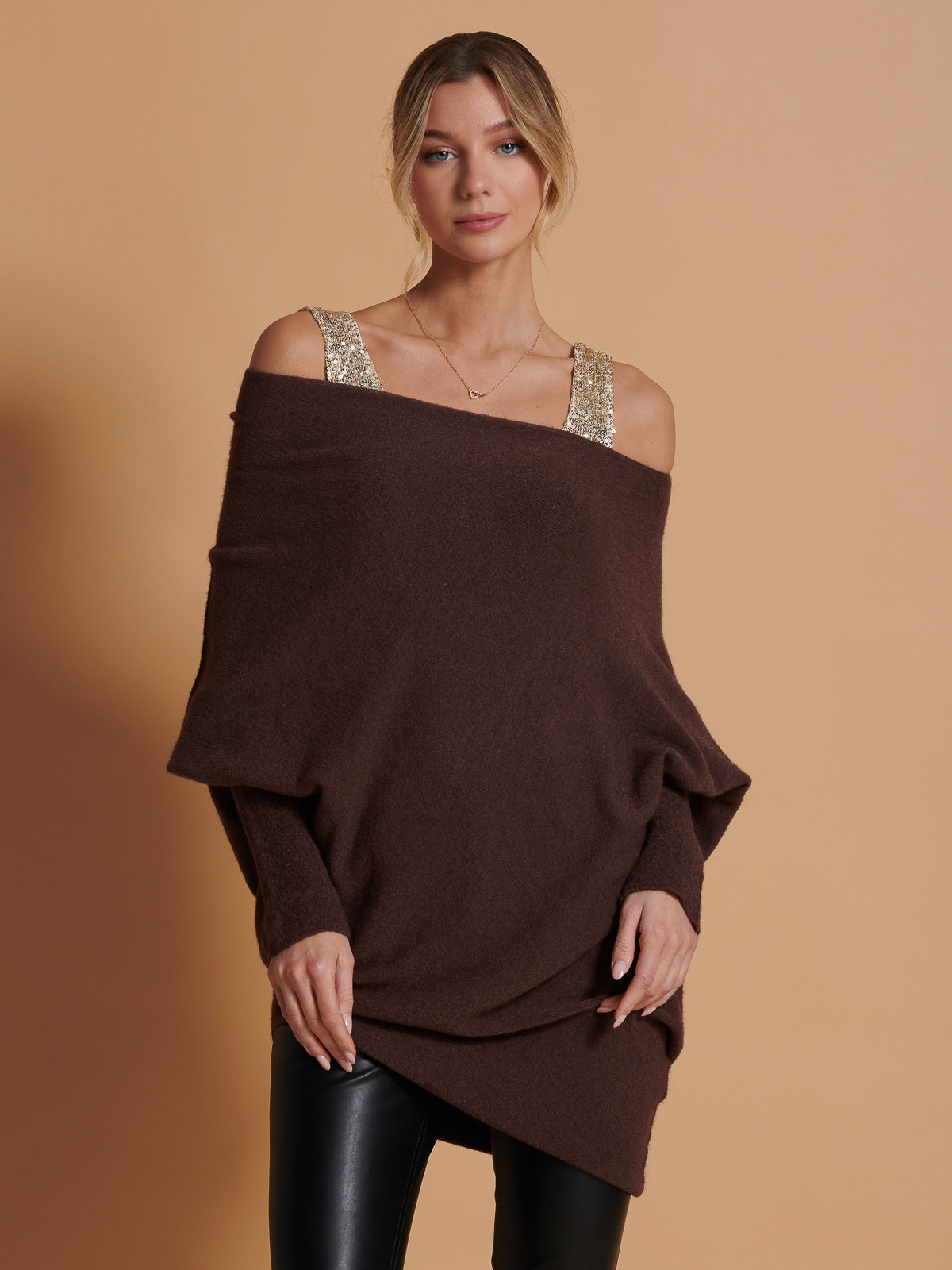 Made in Italy Asymmetric Draped Soft Knit Jumper, Chocolate