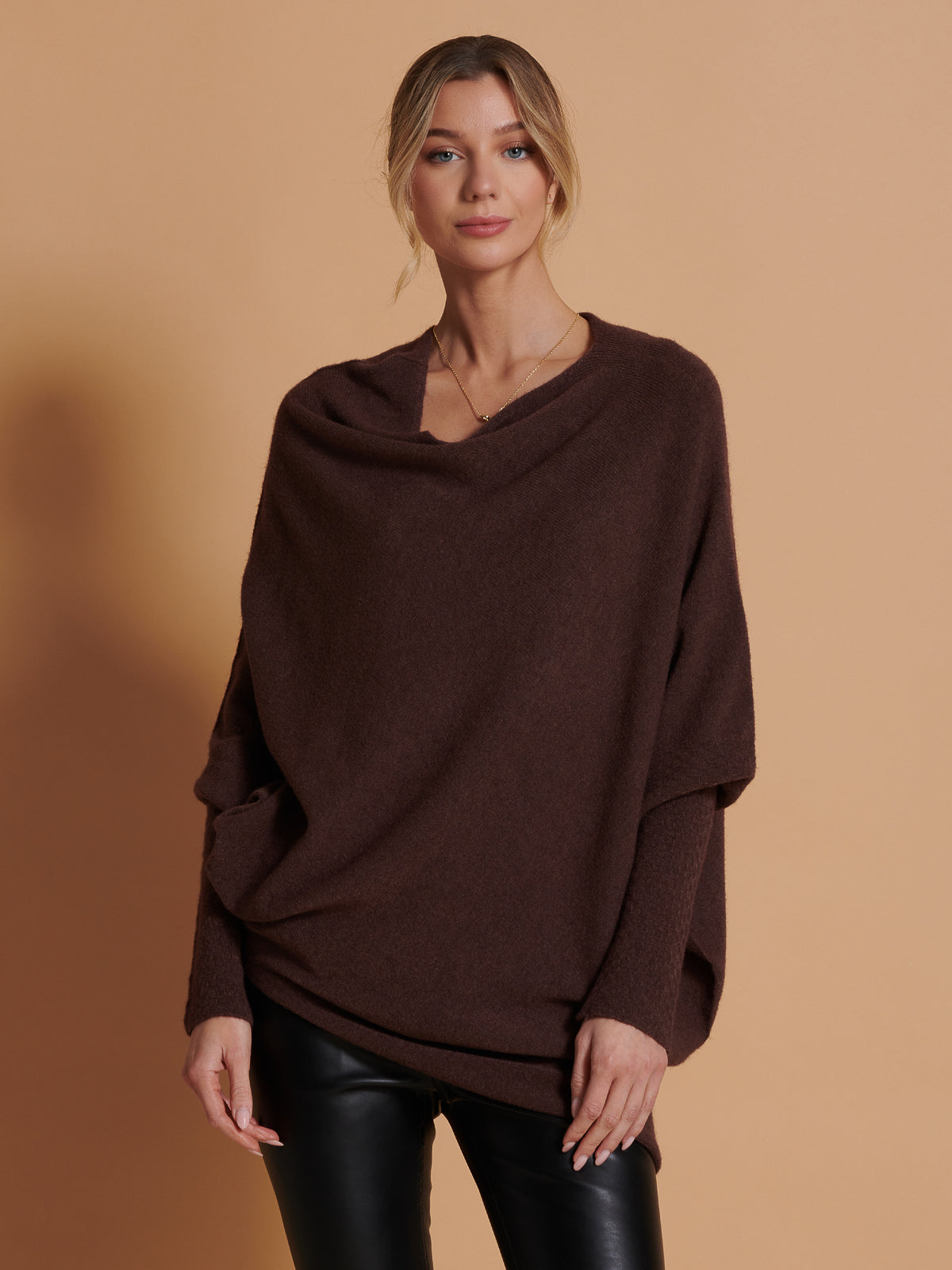 Made in Italy Asymmetric Draped Soft Knit Jumper, Chocolate