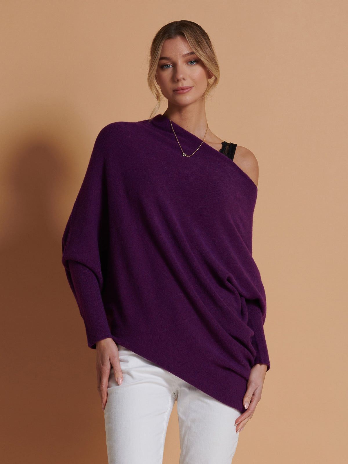 Made in Italy Asymmetric Draped Soft Knit Jumper, Dark Purple