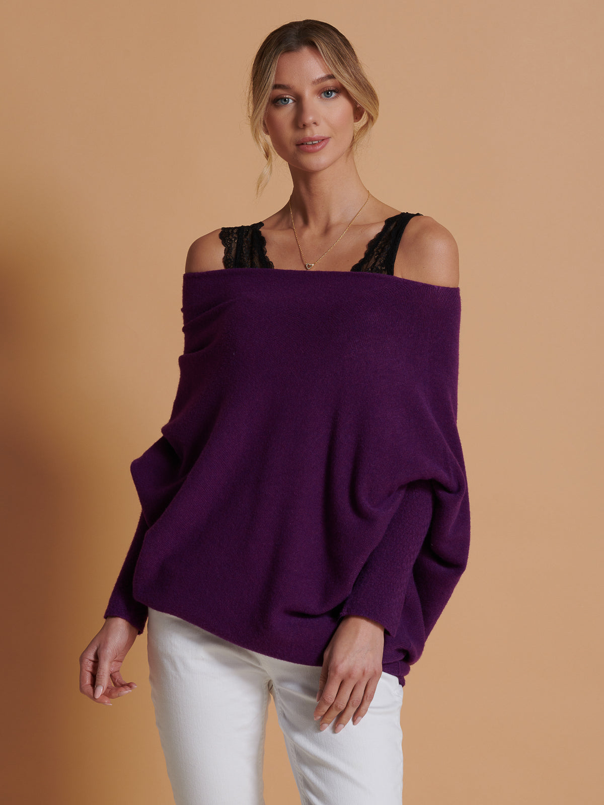 Made in Italy Asymmetric Draped Soft Knit Jumper, Dark Purple