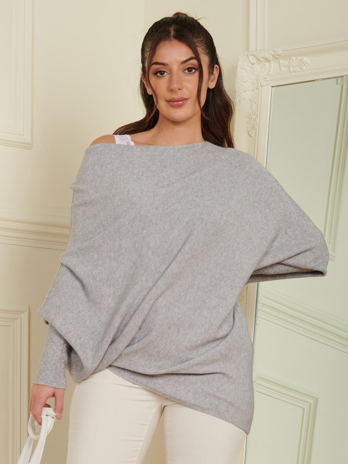 Made in Italy Asymmetric Draped Soft Knit Jumper, Grey Heather