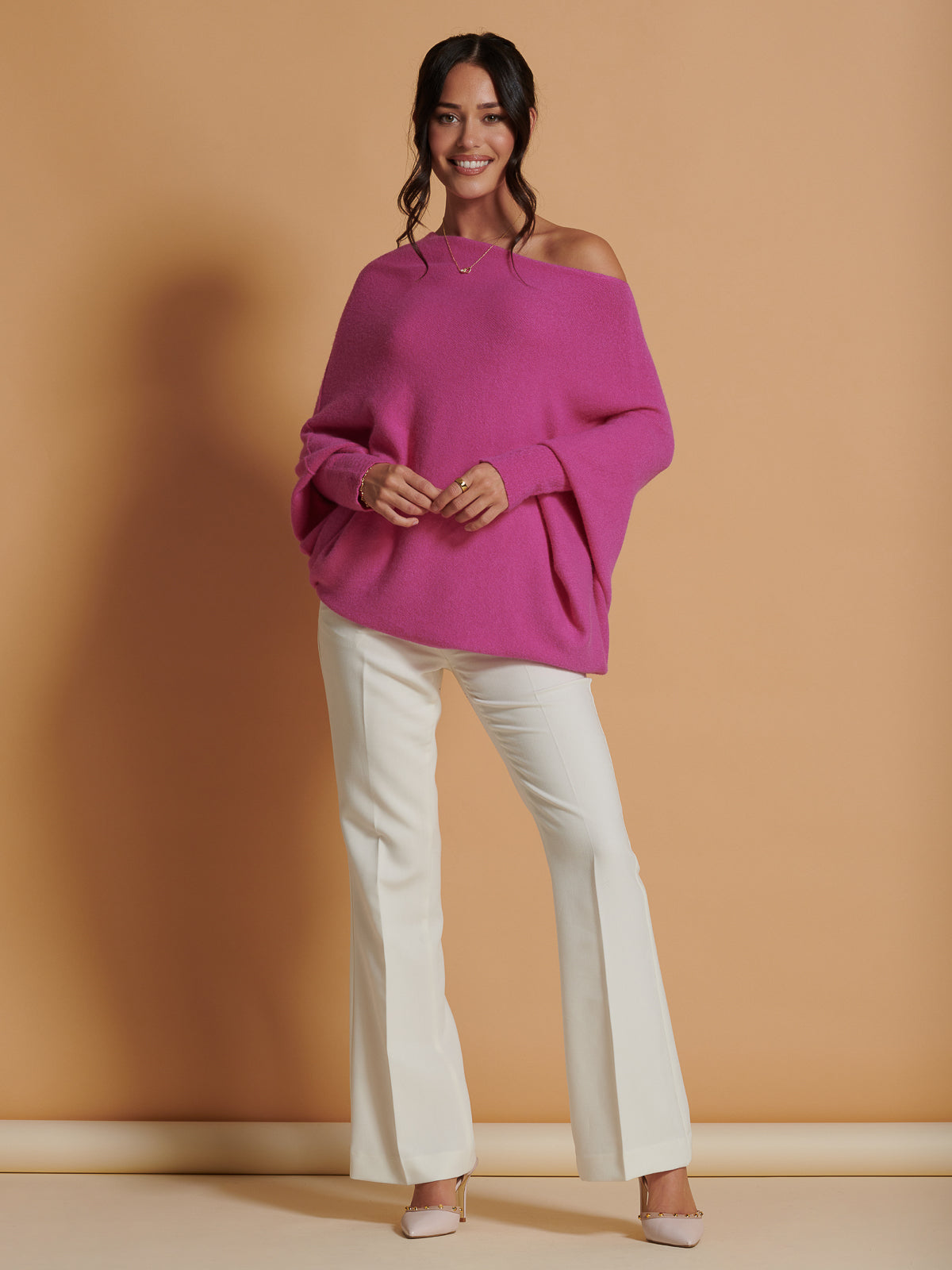 Made in Italy Asymmetric Draped Soft Knit Jumper, Hot Pink