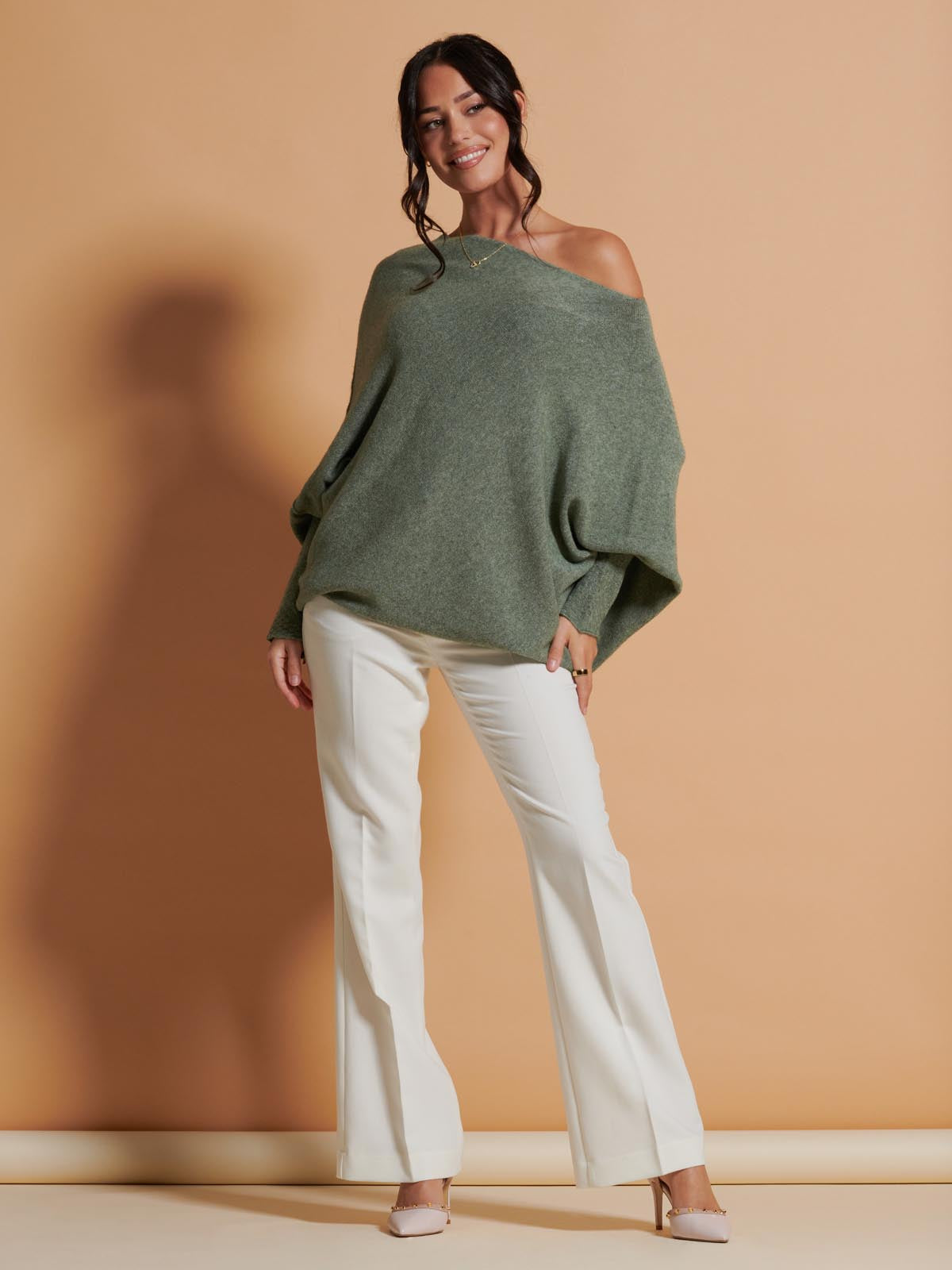 Made in Italy Asymmetric Draped Soft Knit Jumper, Khaki Green