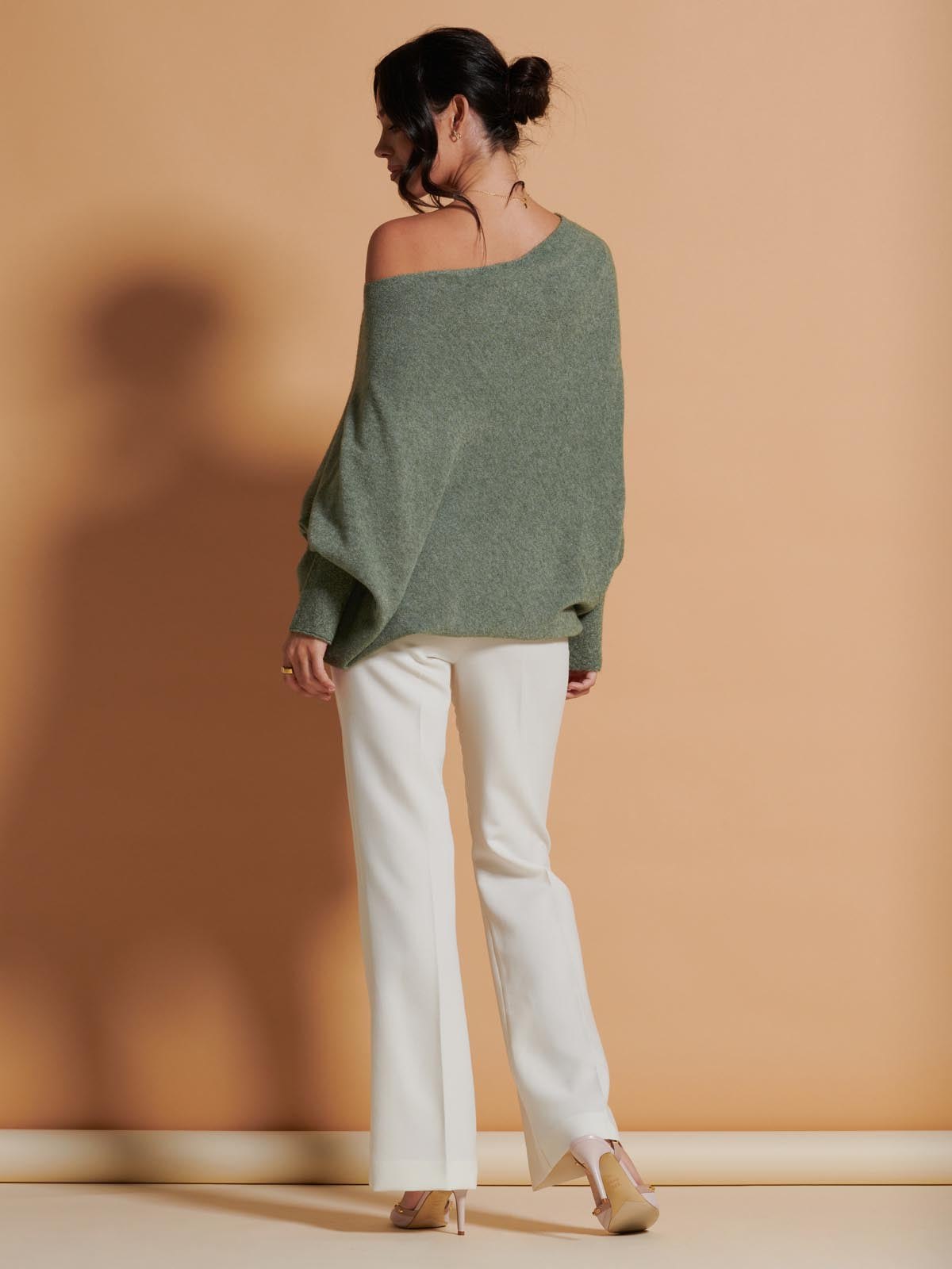 Made in Italy Asymmetric Draped Soft Knit Jumper, Khaki Green
