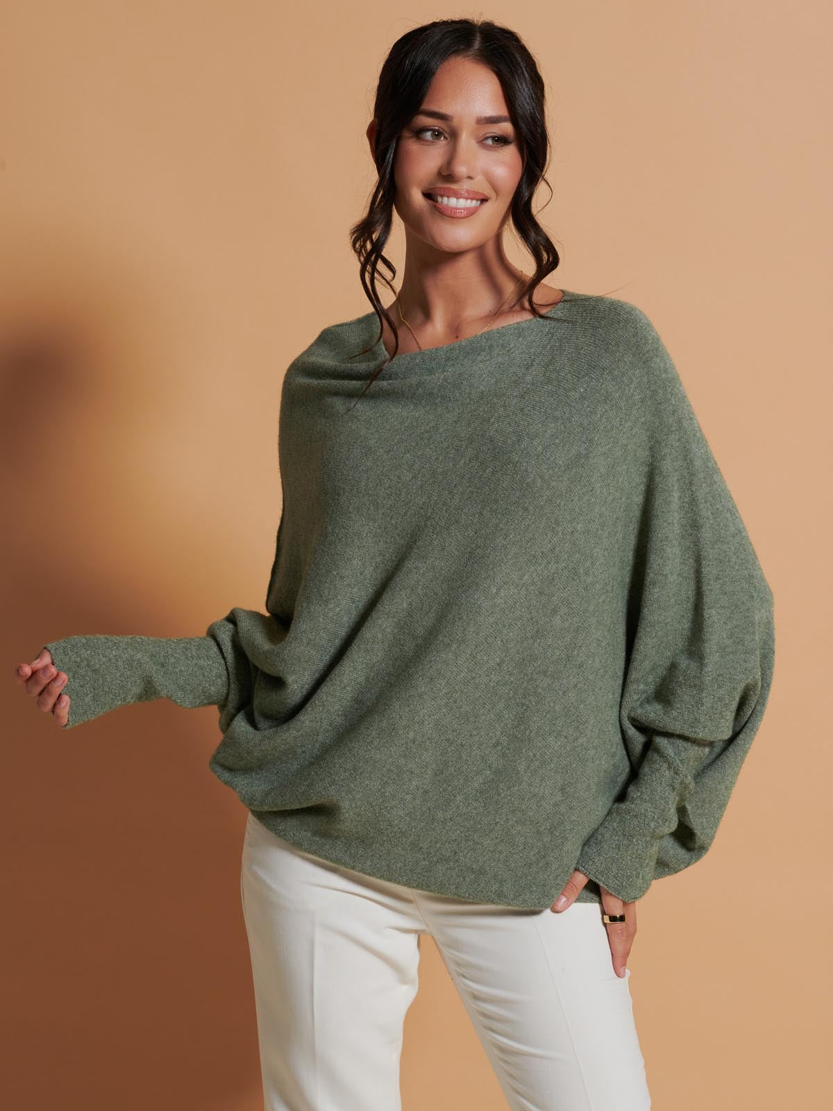 Made in Italy Asymmetric Draped Soft Knit Jumper, Khaki Green