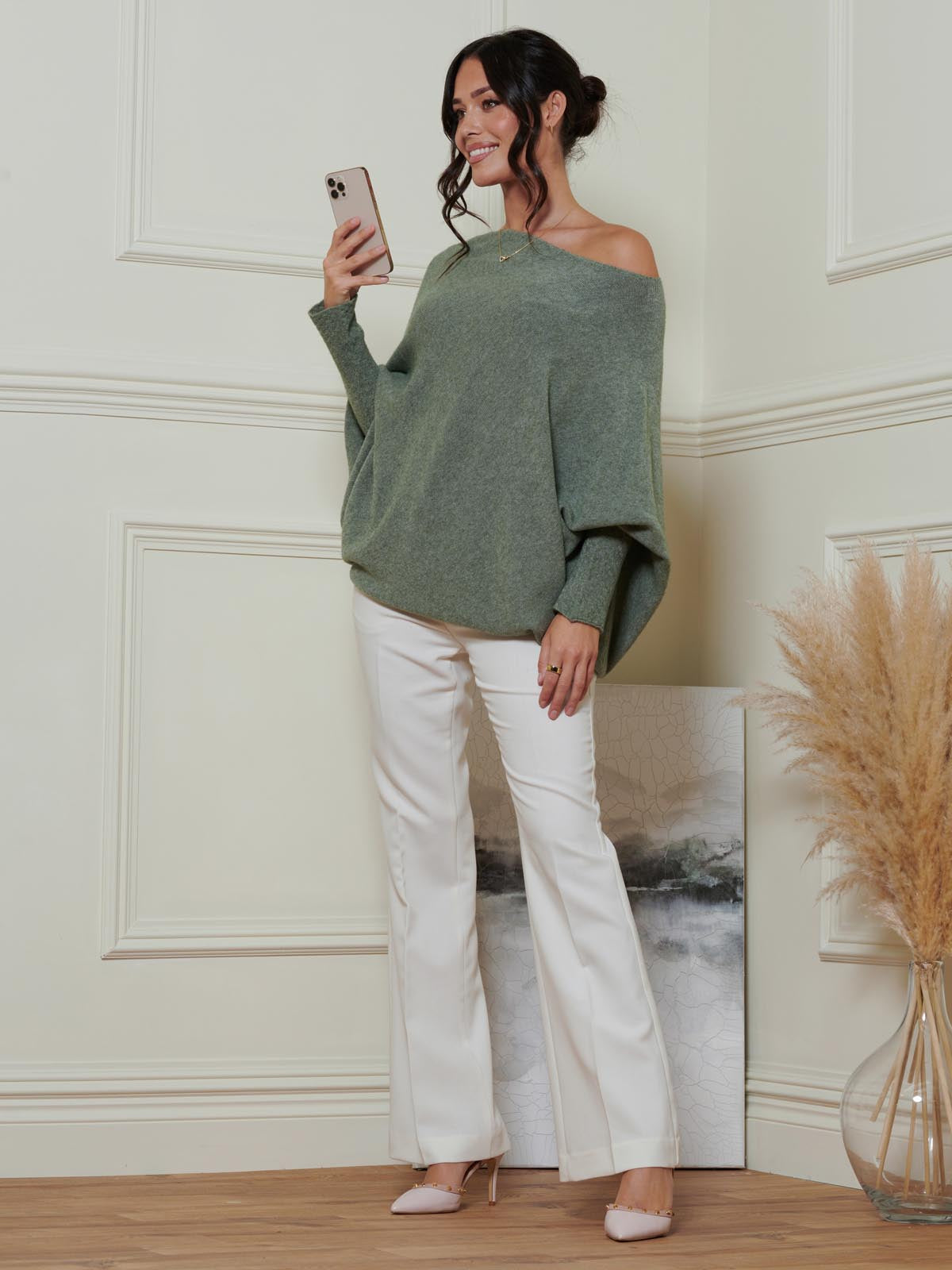 Made in Italy Asymmetric Draped Soft Knit Jumper, Khaki Green
