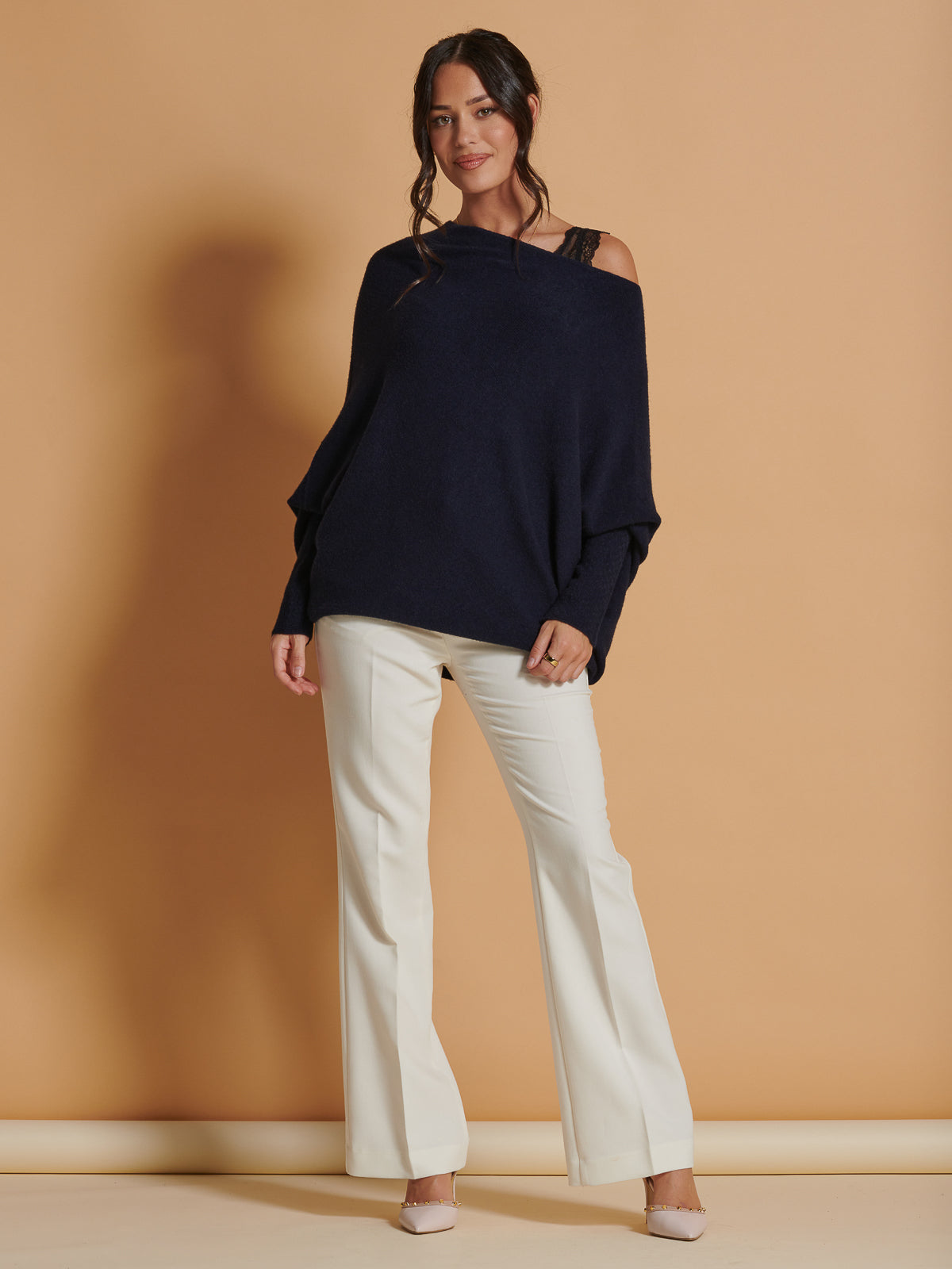 Made in Italy Asymmetric Draped Soft Knit Jumper, Navy
